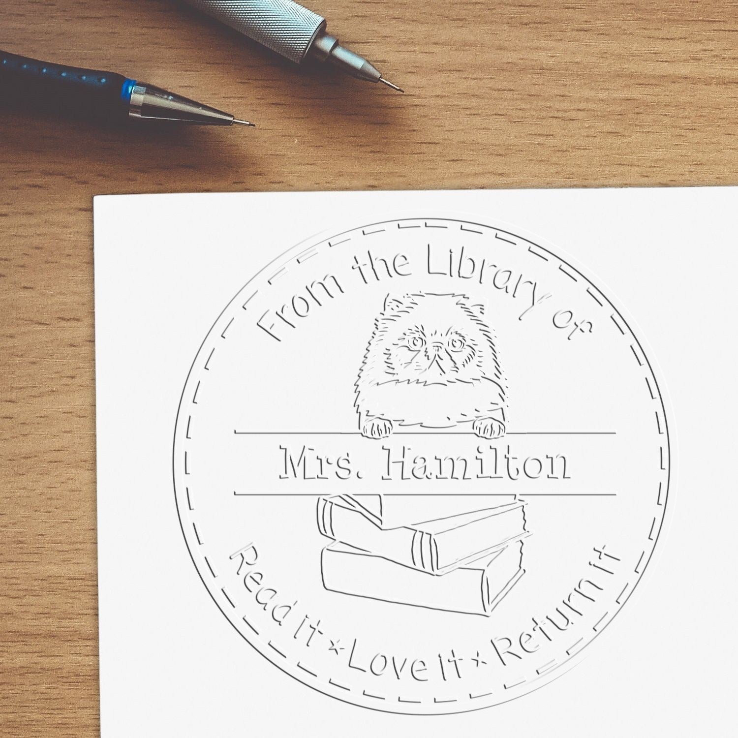 Himalayan Cat Custom Classroom Book Return Reminder Embossed Stamp