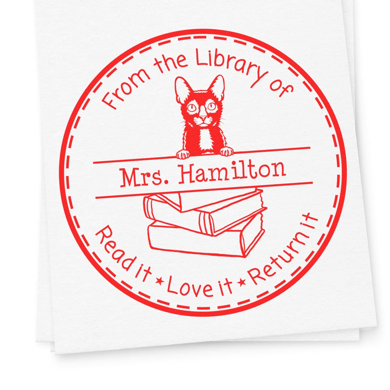 Personalized Borrowed Library Book Stamp with Lykoi Cat - Engineer Seal Stamps