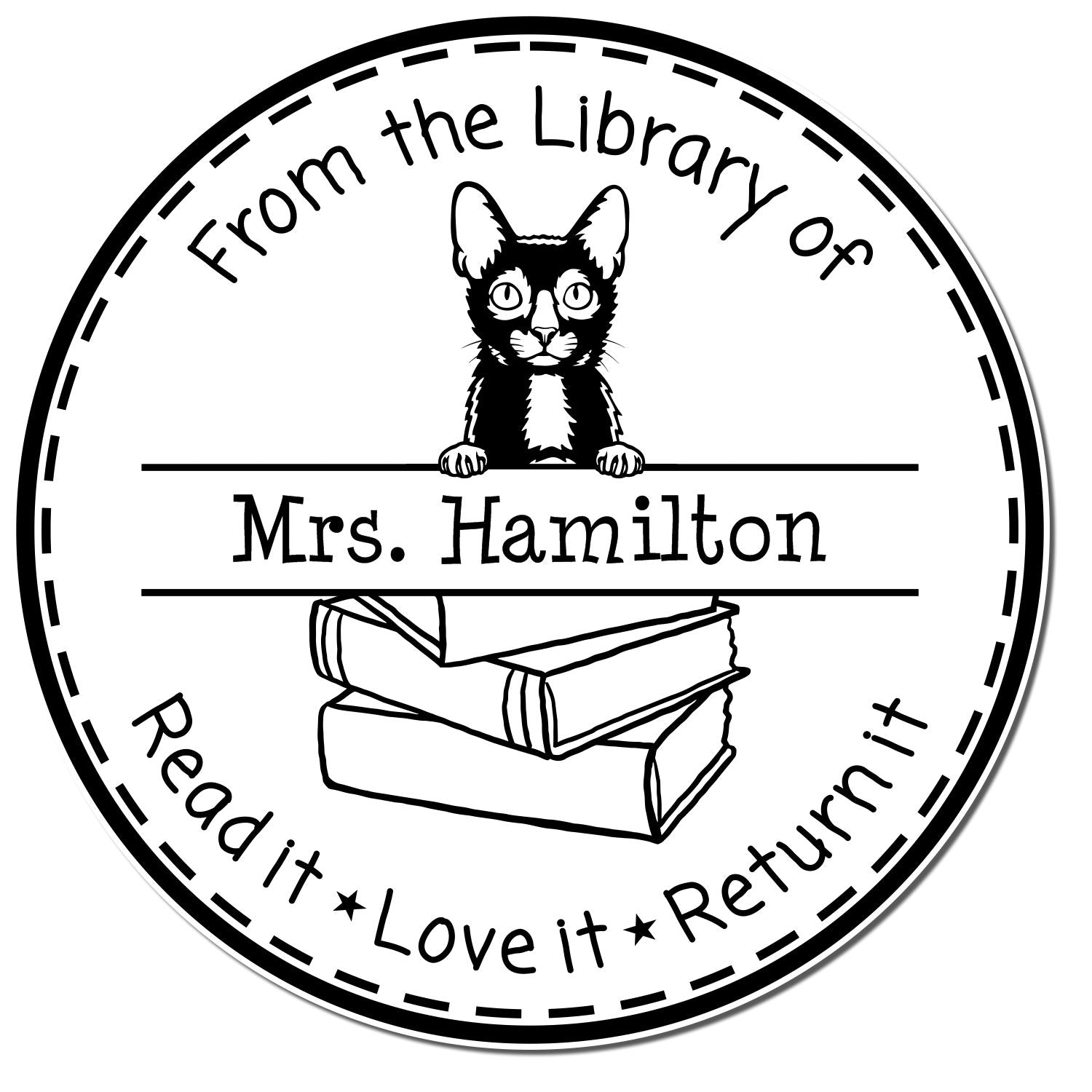 Personalized Borrowed Library Book Stamp with Lykoi Cat - Engineer Seal Stamps