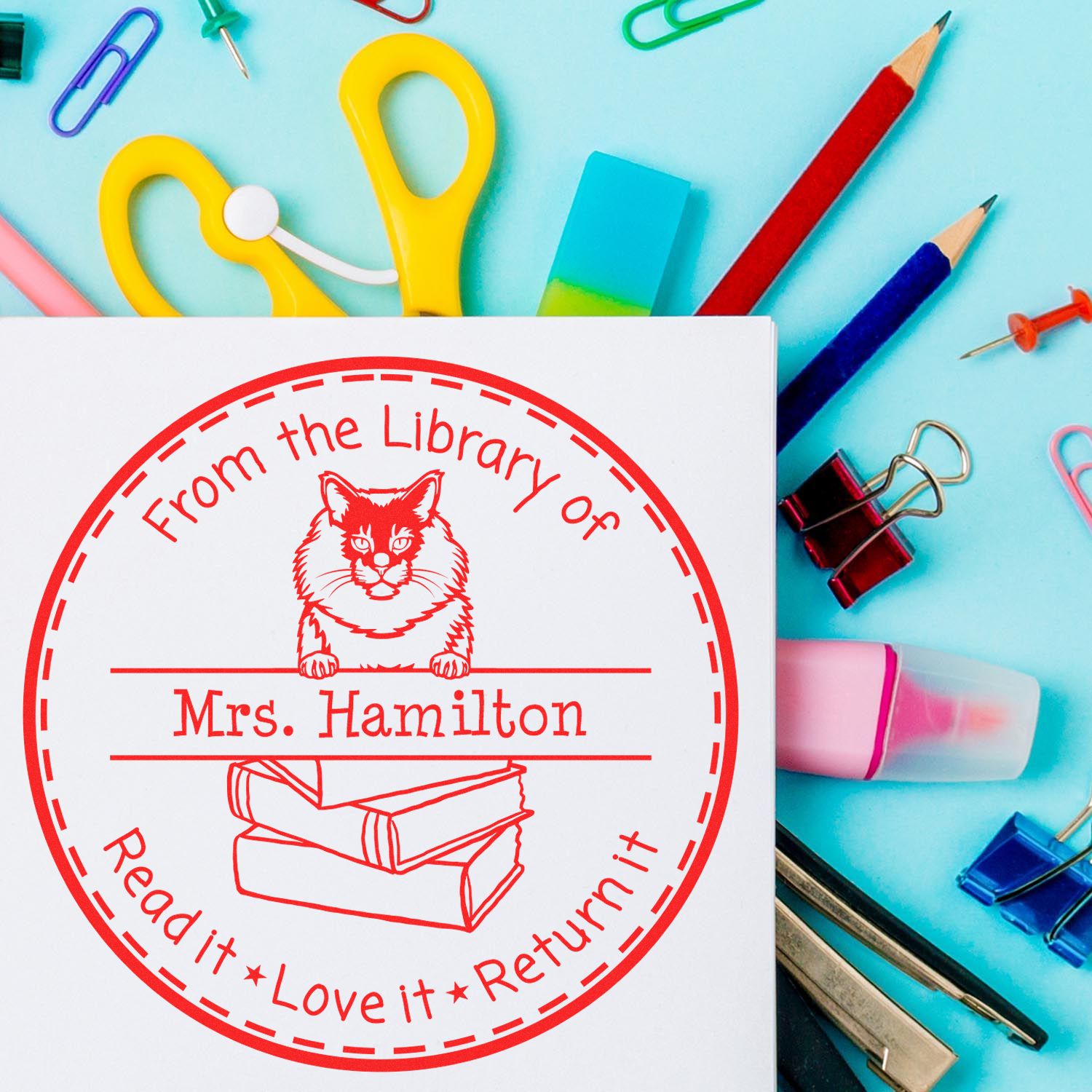 Personalized Borrowed Library Book Stamper with Maine Coon Cat - Engineer Seal Stamps