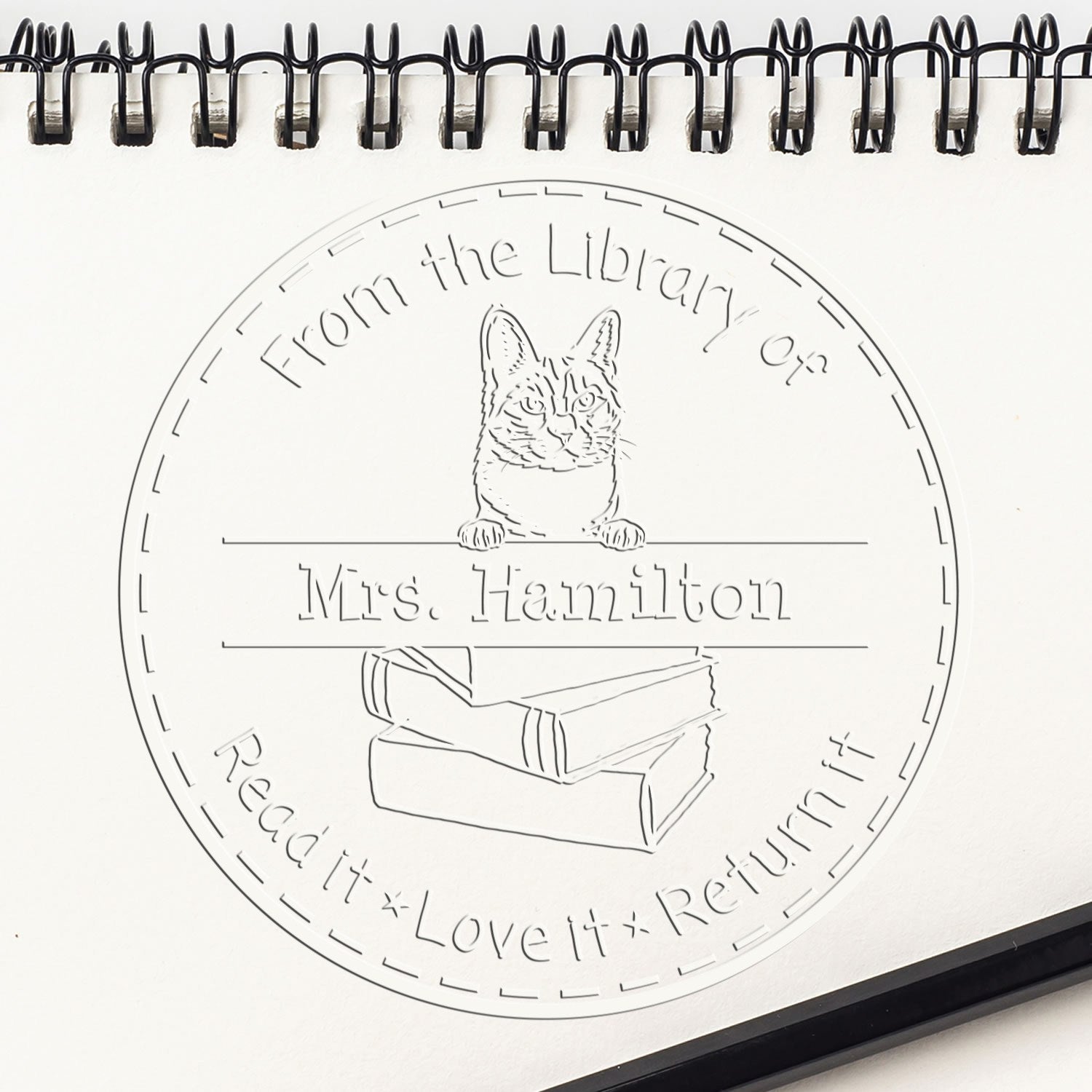 Custom Book Lending Library Embosser with Manx Cat - Engineer Seal Stamps