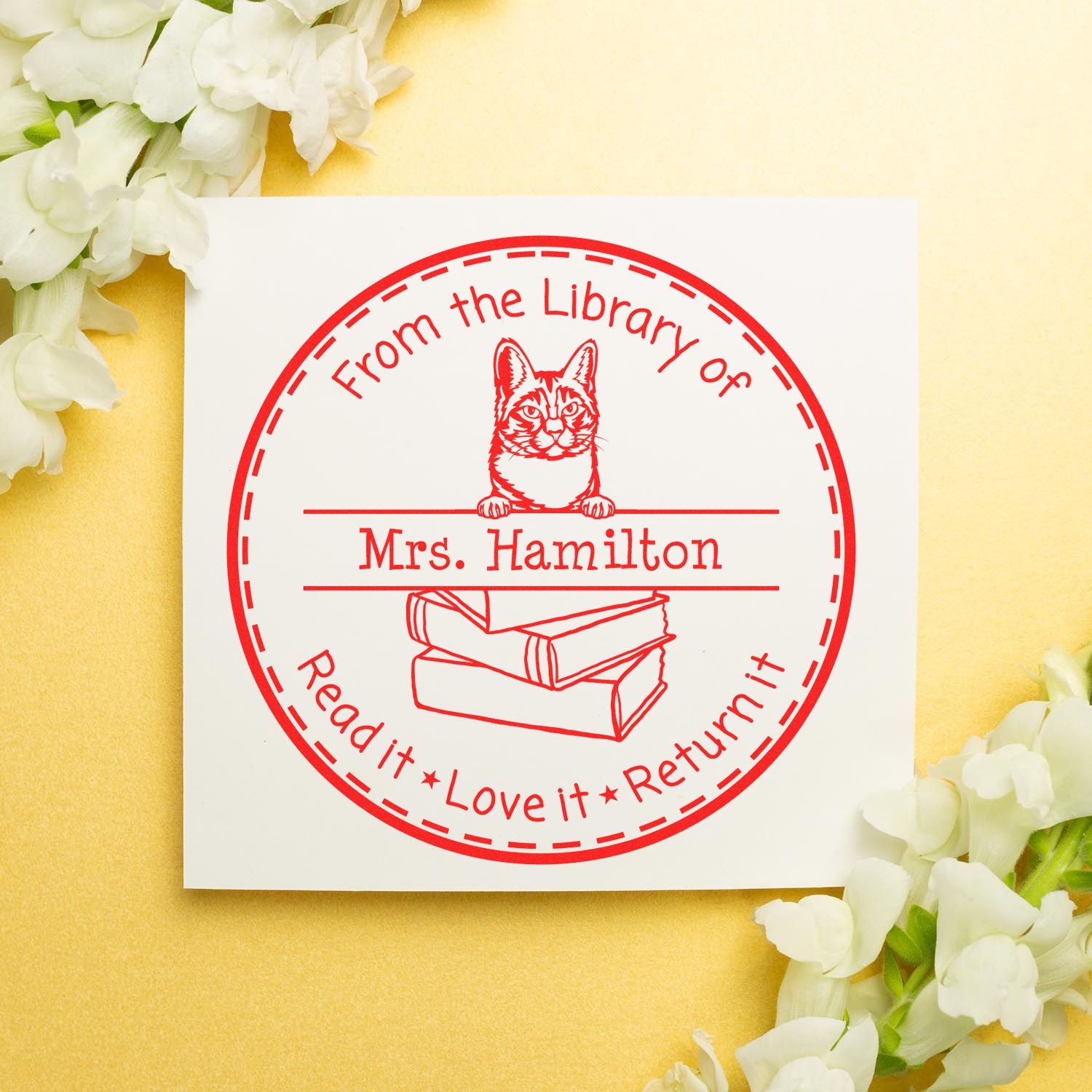 Personalized Please Return Book Stamp with Manx Cat - Engineer Seal Stamps