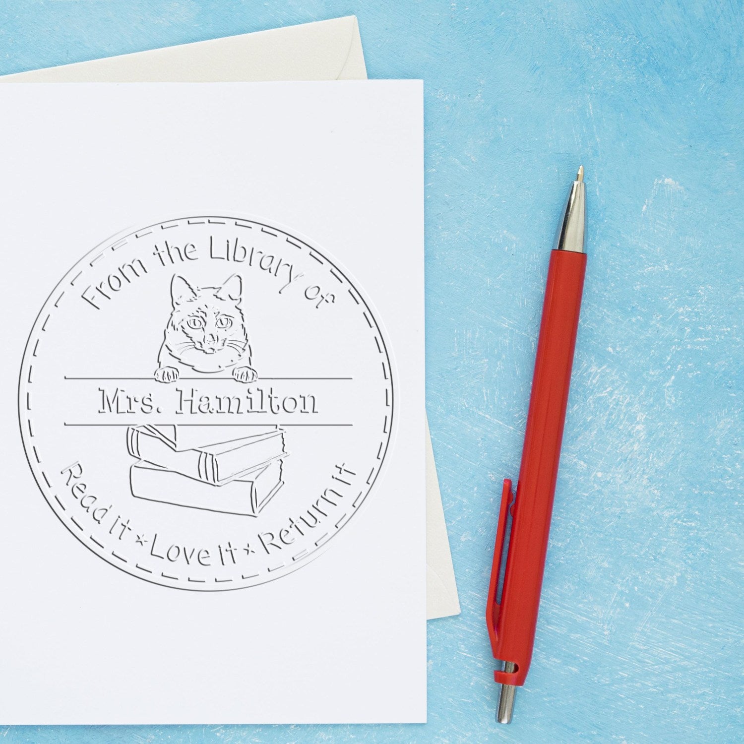 Custom Book Lending Library Seal with Mekong Bobtail Cat - Engineer Seal Stamps