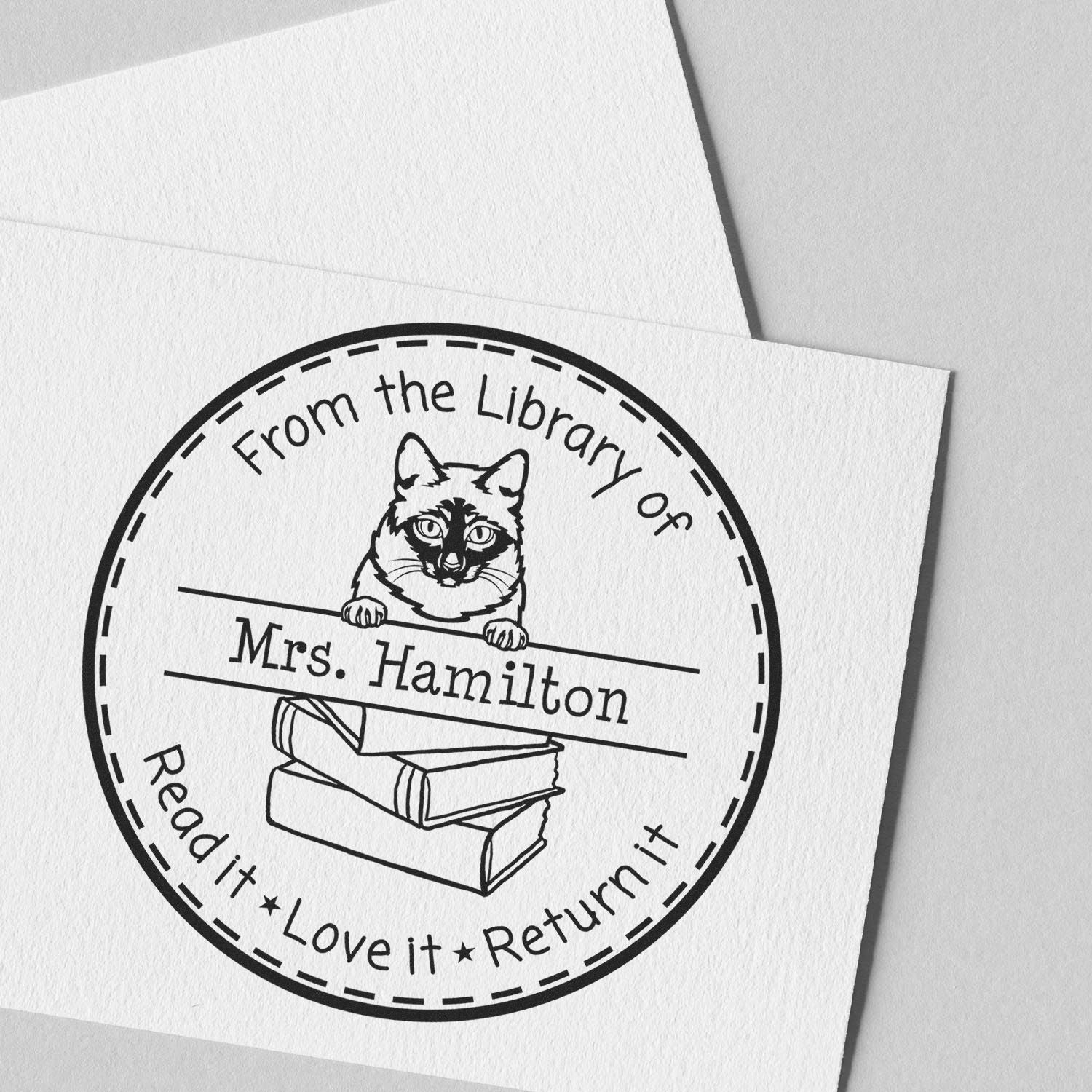 Personalized Please Return Book Stamper with Mekong Bobtail Cat - Engineer Seal Stamps