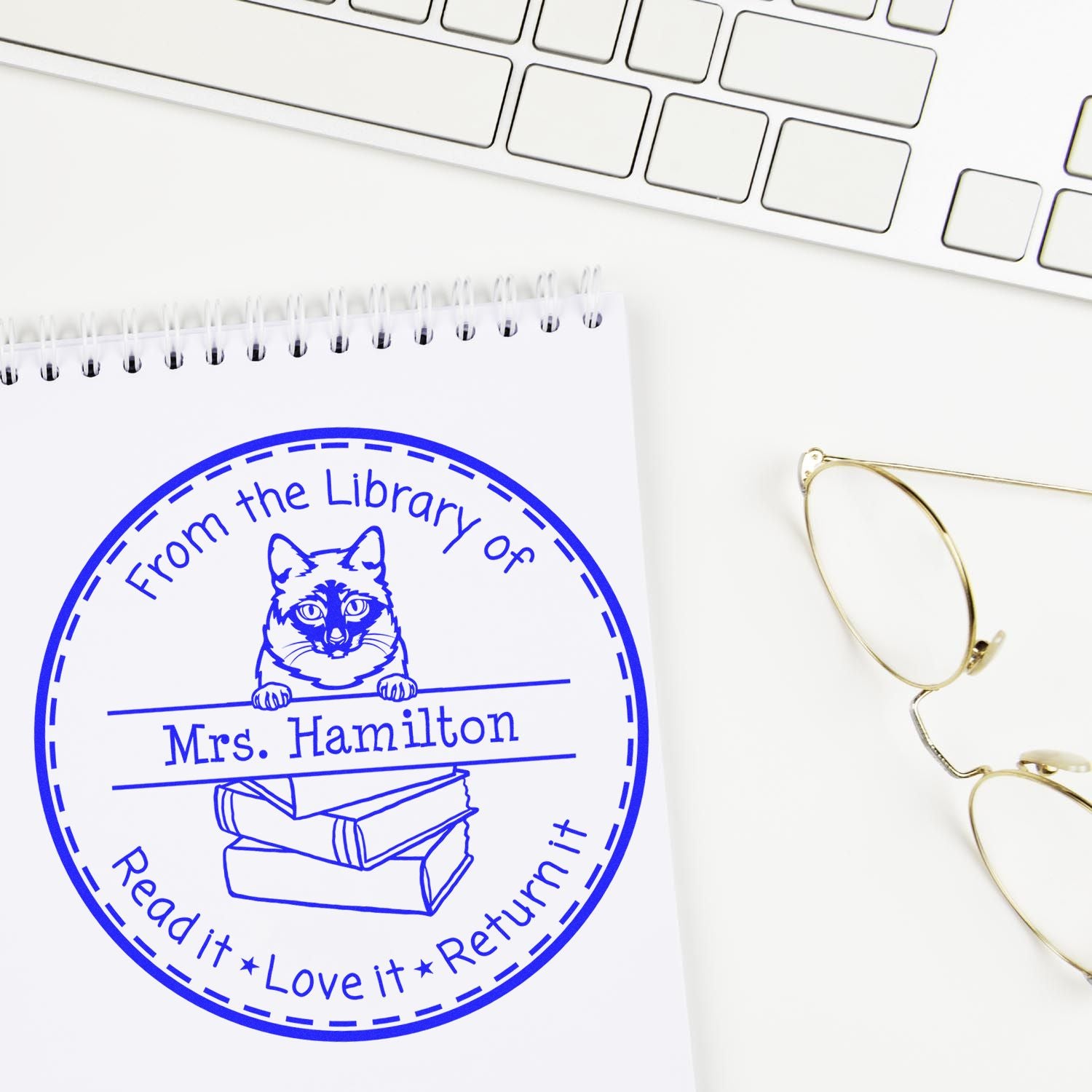 Personalized Please Return Book Stamper with Mekong Bobtail Cat - Engineer Seal Stamps