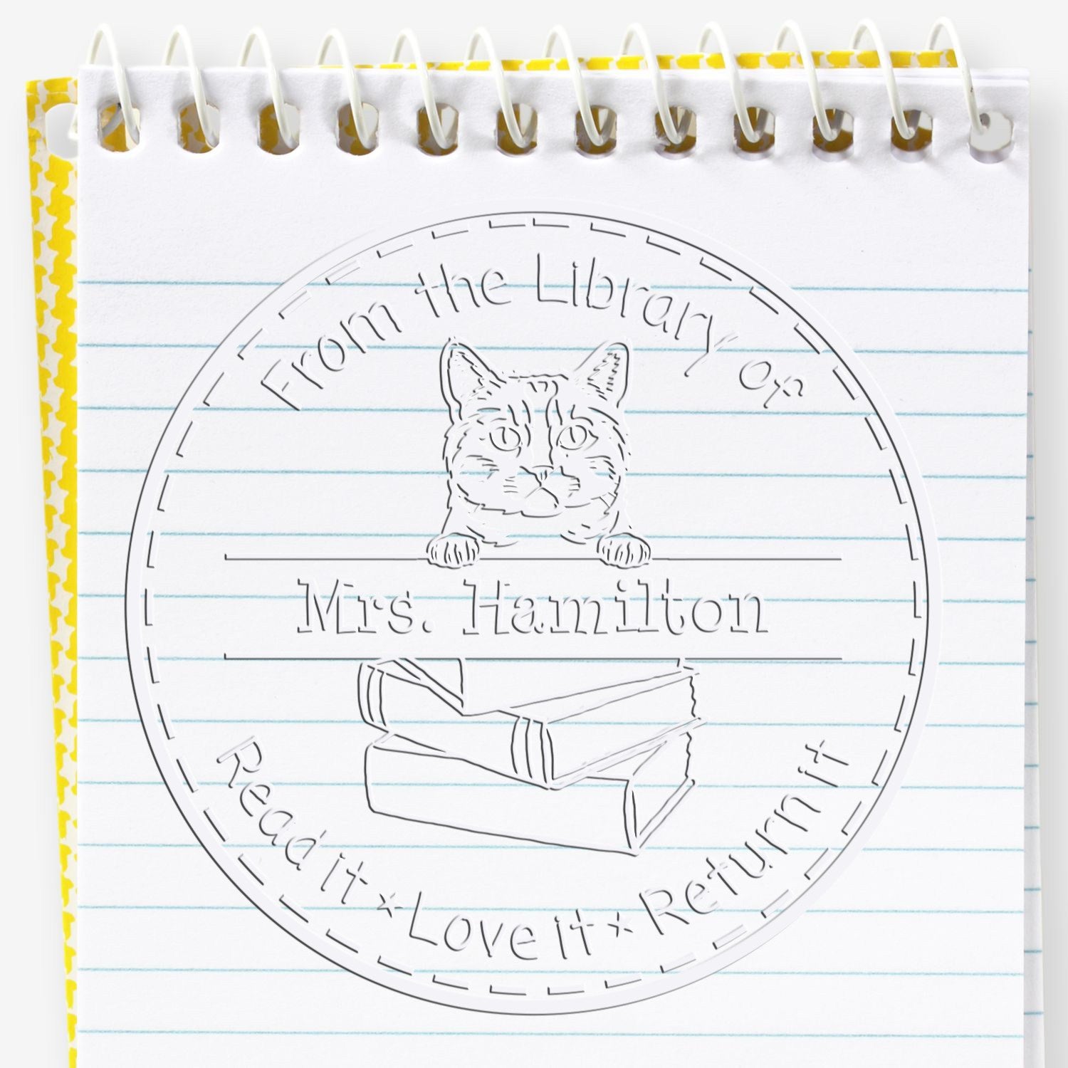Custom Book Lending Library Embossed Stamp with Munchkin Cat - Engineer Seal Stamps