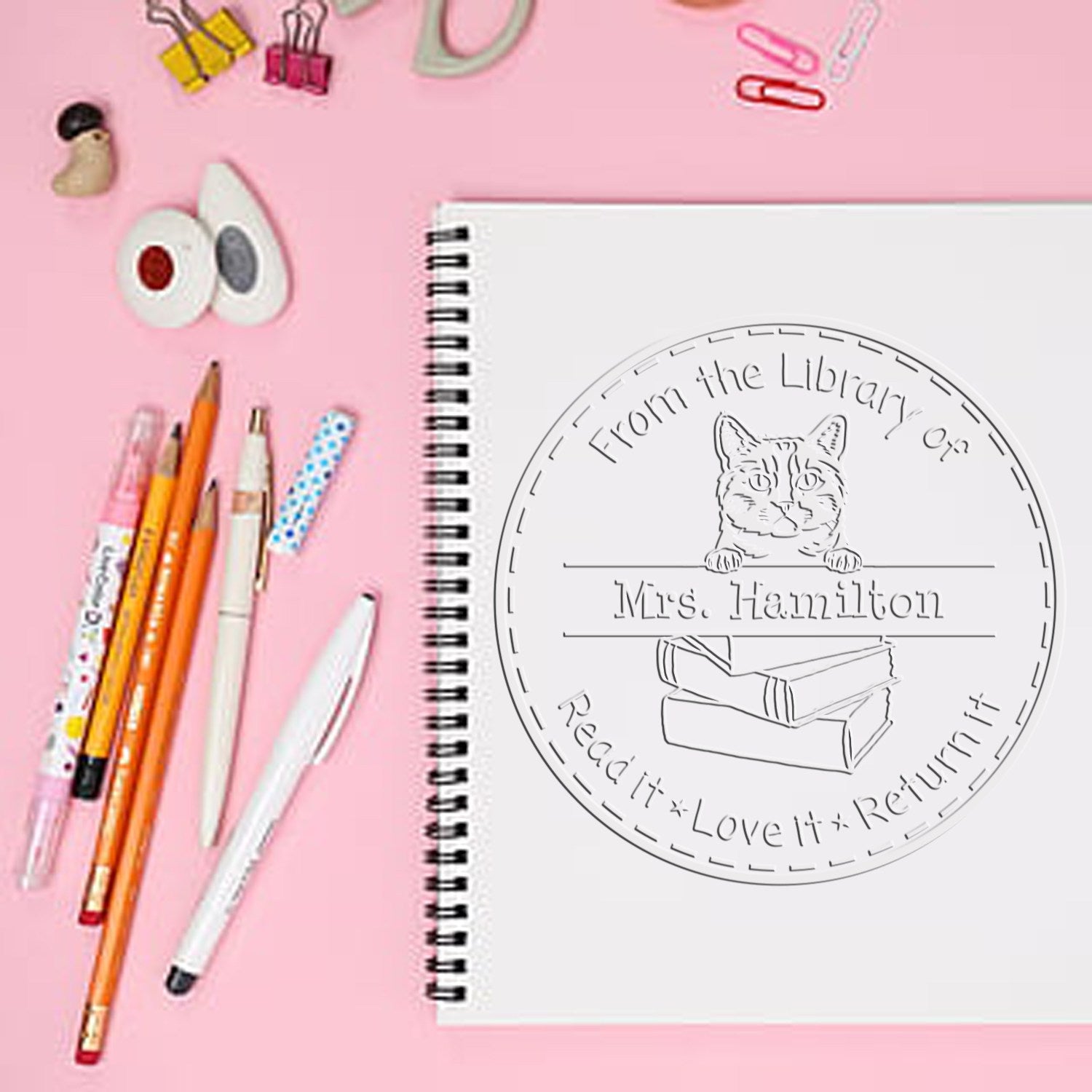 Custom Book Lending Library Embossed Stamp with Munchkin Cat - Engineer Seal Stamps