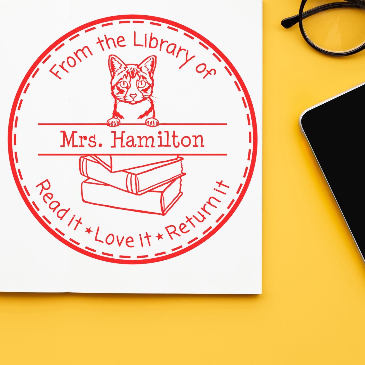 Personalized Book Borrower Stamp with Ojos Azules Cat - Engineer Seal Stamps