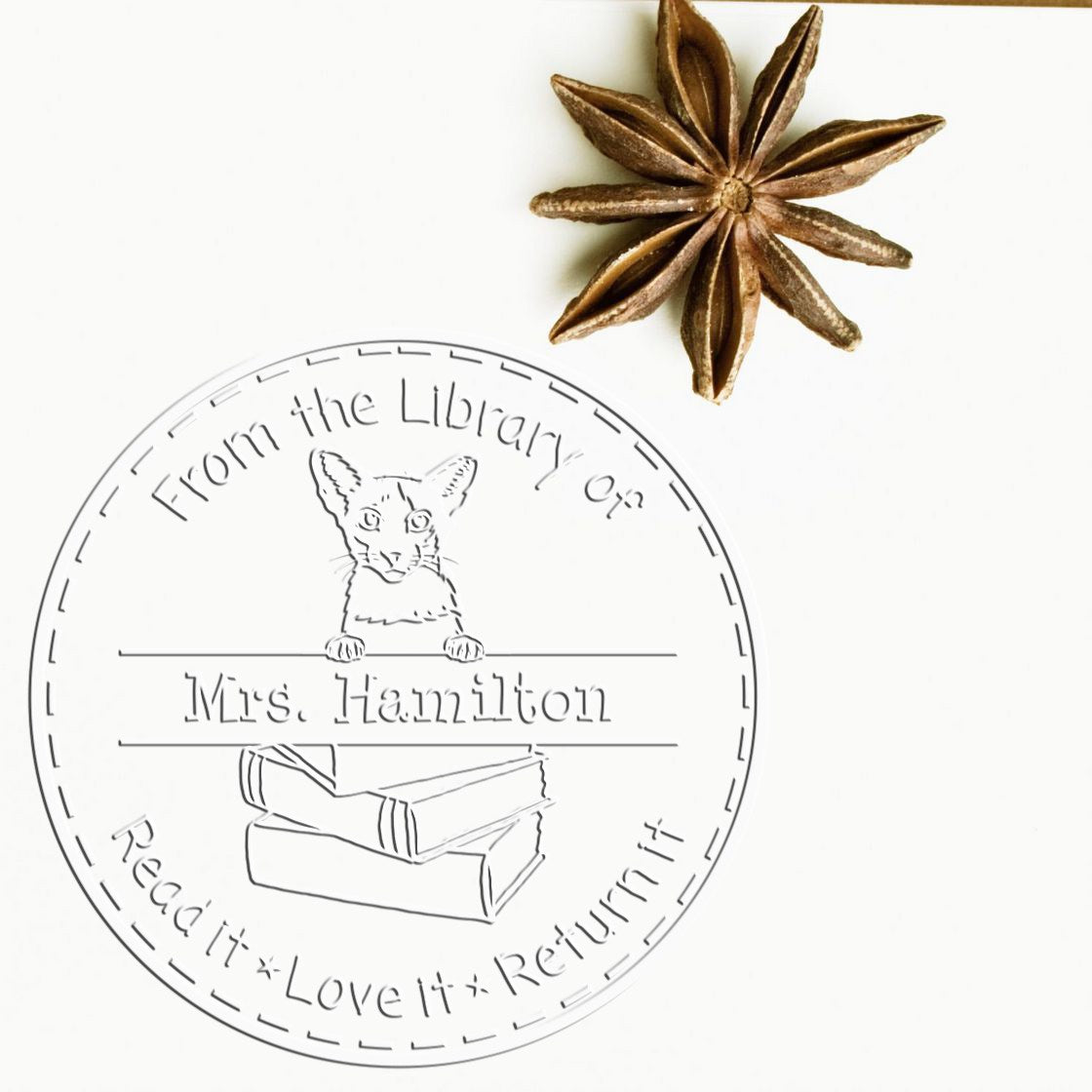 Custom School Library Seal Embosser with Oriental Bicolor Cat - Engineer Seal Stamps