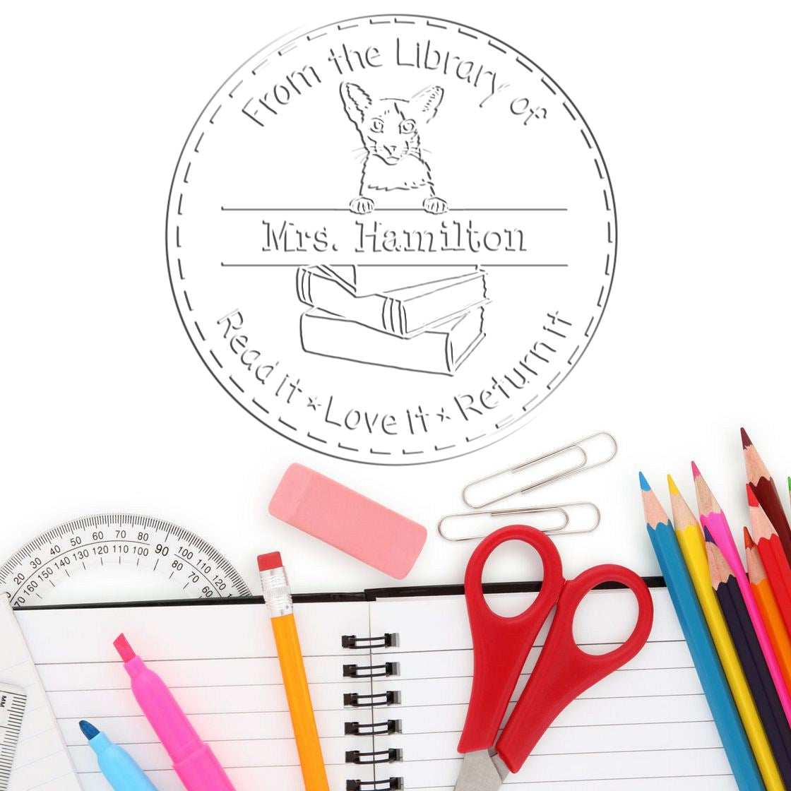 Custom Book Label Seal Embosser with Oriental Bicolor Cat - Engineer Seal Stamps