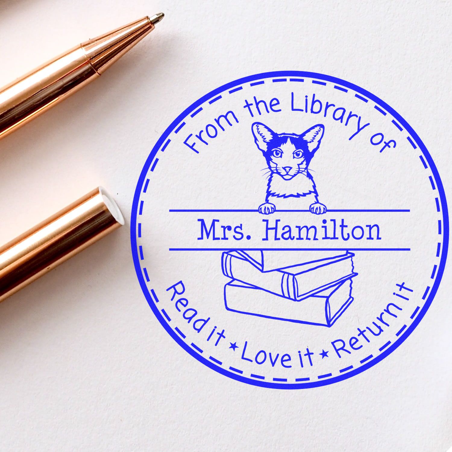 Personalized Book Borrower Stamper with Oriental Bicolor Cat - Engineer Seal Stamps