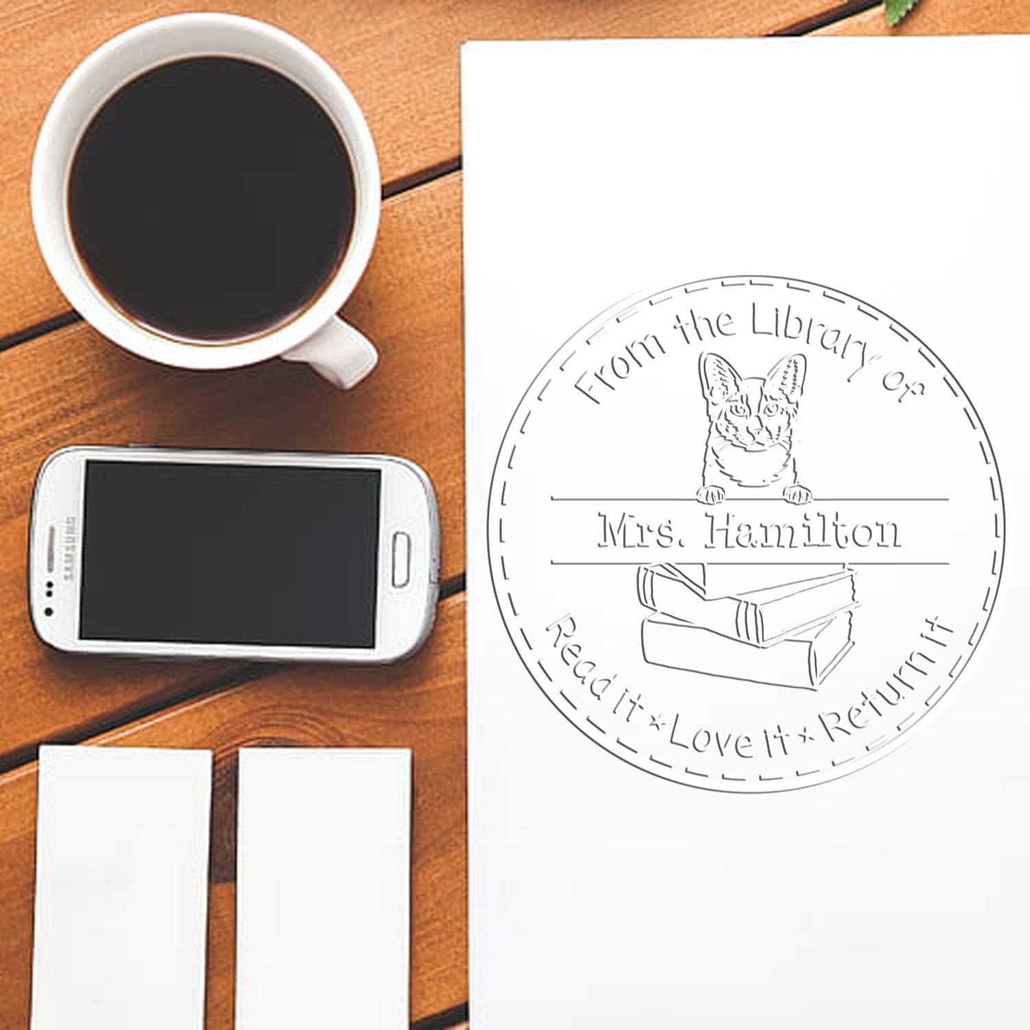 Custom School Library Embossed Stamp with Oriental Longhair Cat - Engineer Seal Stamps