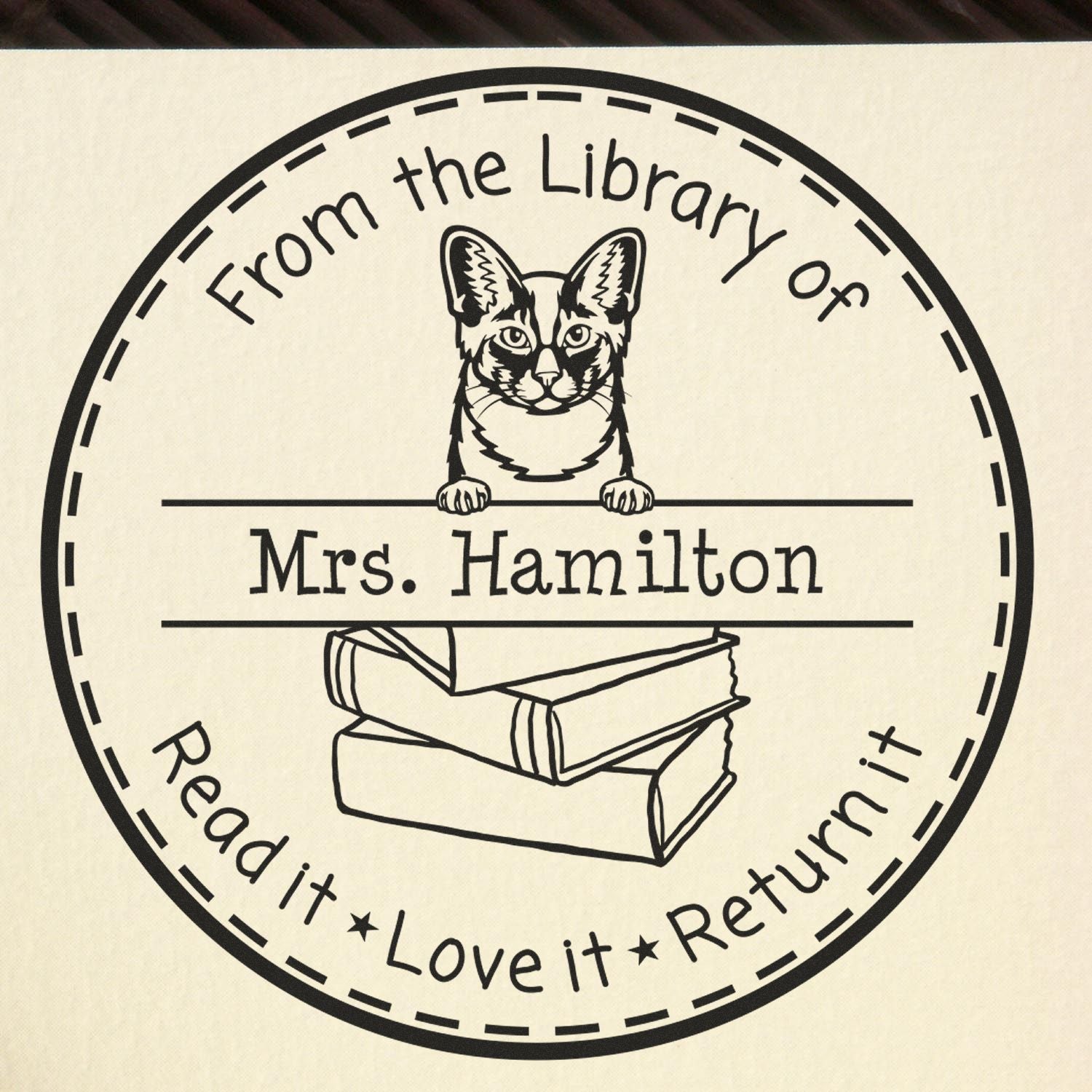 Personalized Please Return Borrowed Book Stamp with Oriental Longhair Cat - Engineer Seal Stamps