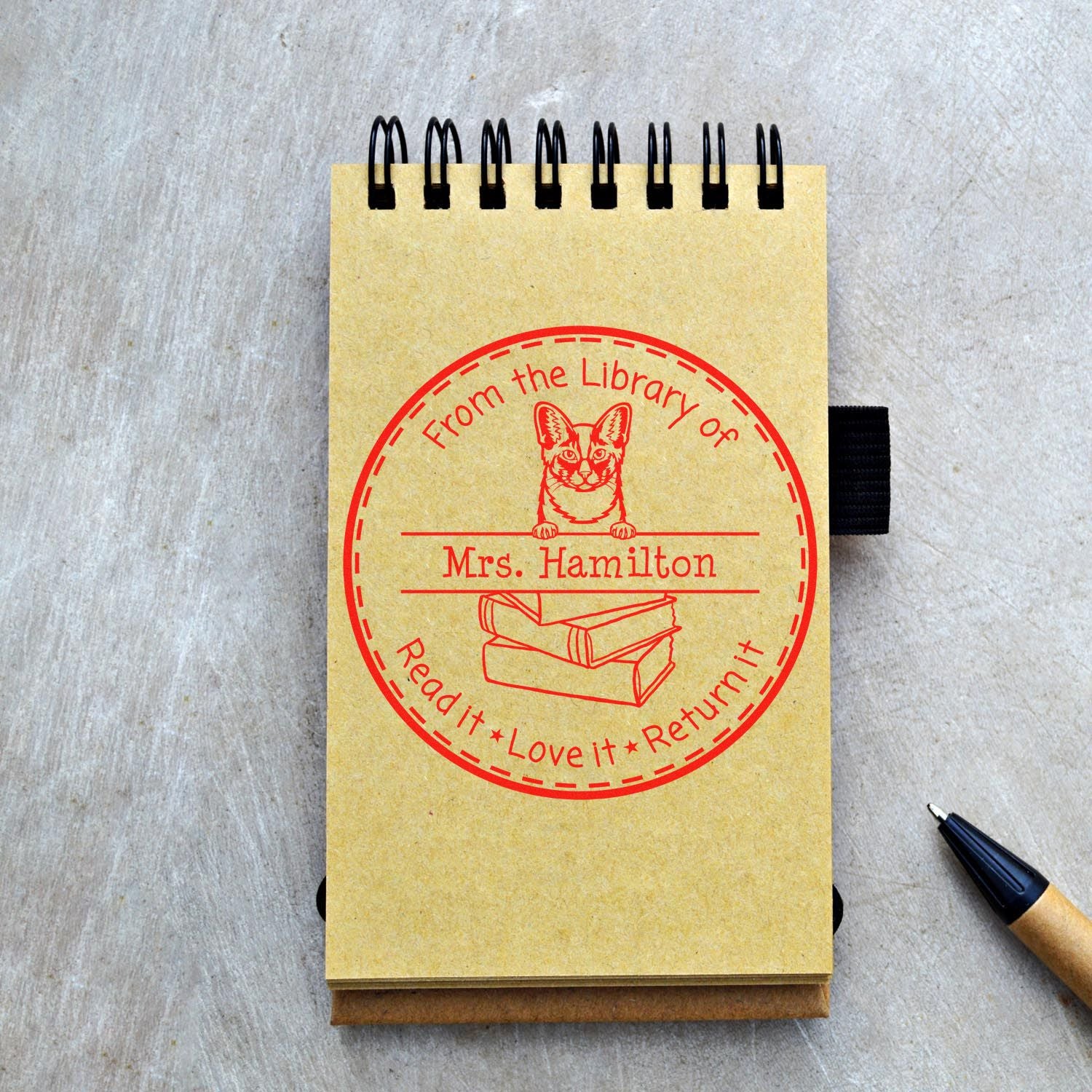 Personalized Please Return Borrowed Book Stamp with Oriental Longhair Cat - Engineer Seal Stamps