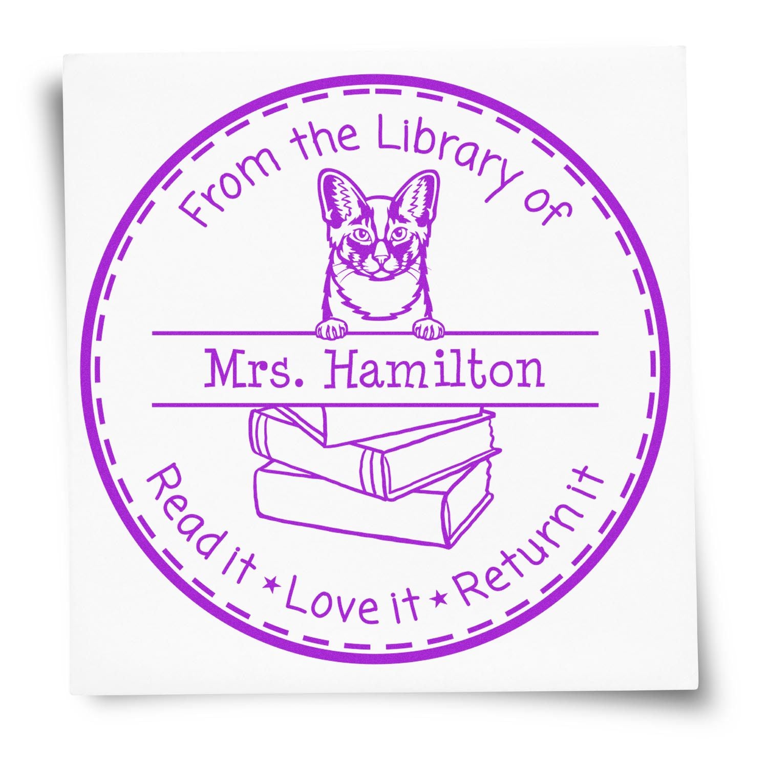 Personalized Please Return Borrowed Book Stamp with Oriental Longhair Cat - Engineer Seal Stamps