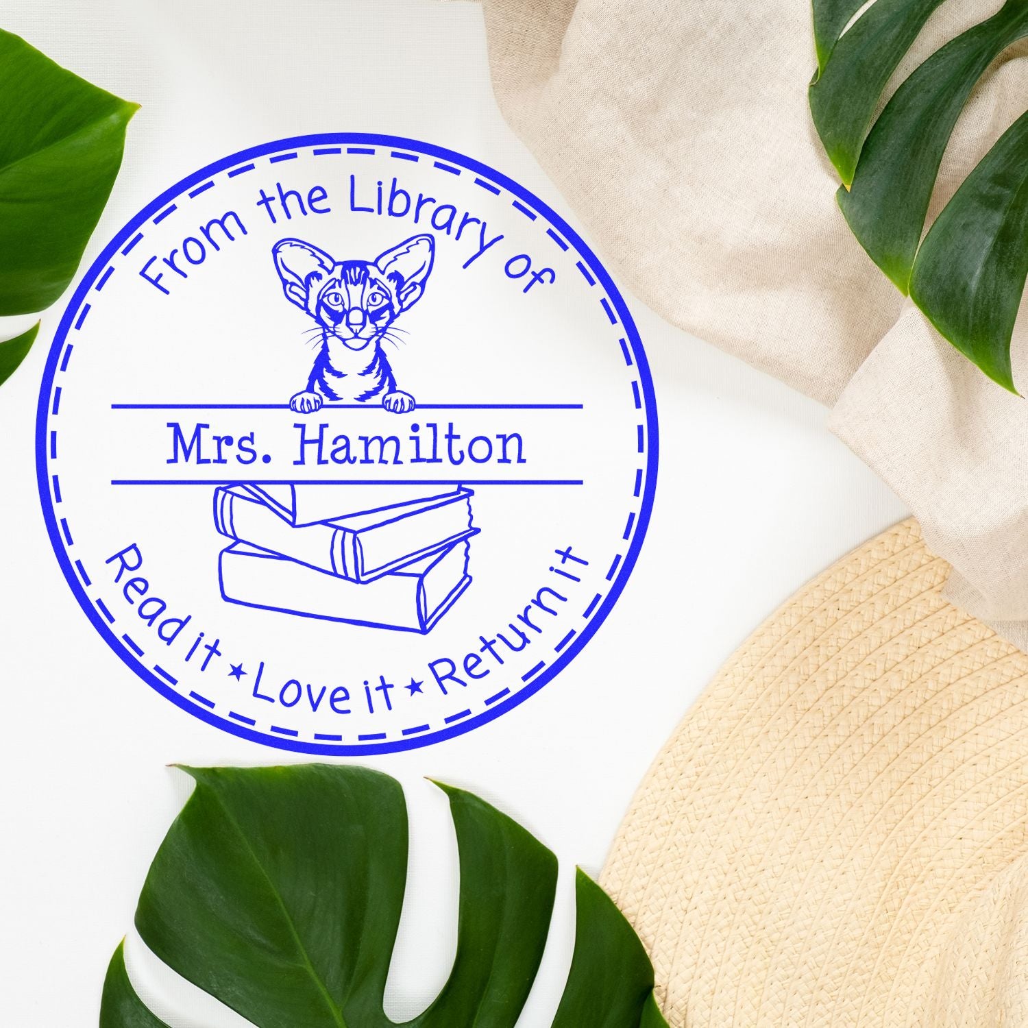 Personalized Please Return Borrowed Book Stamper with Oriental Shorthair Cat - Engineer Seal Stamps