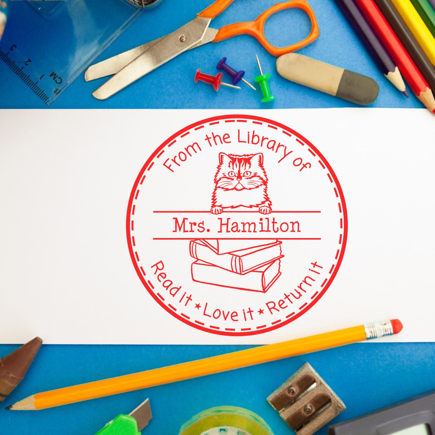 Personalized Property Of Library Stamp with Persian Cat - Engineer Seal Stamps