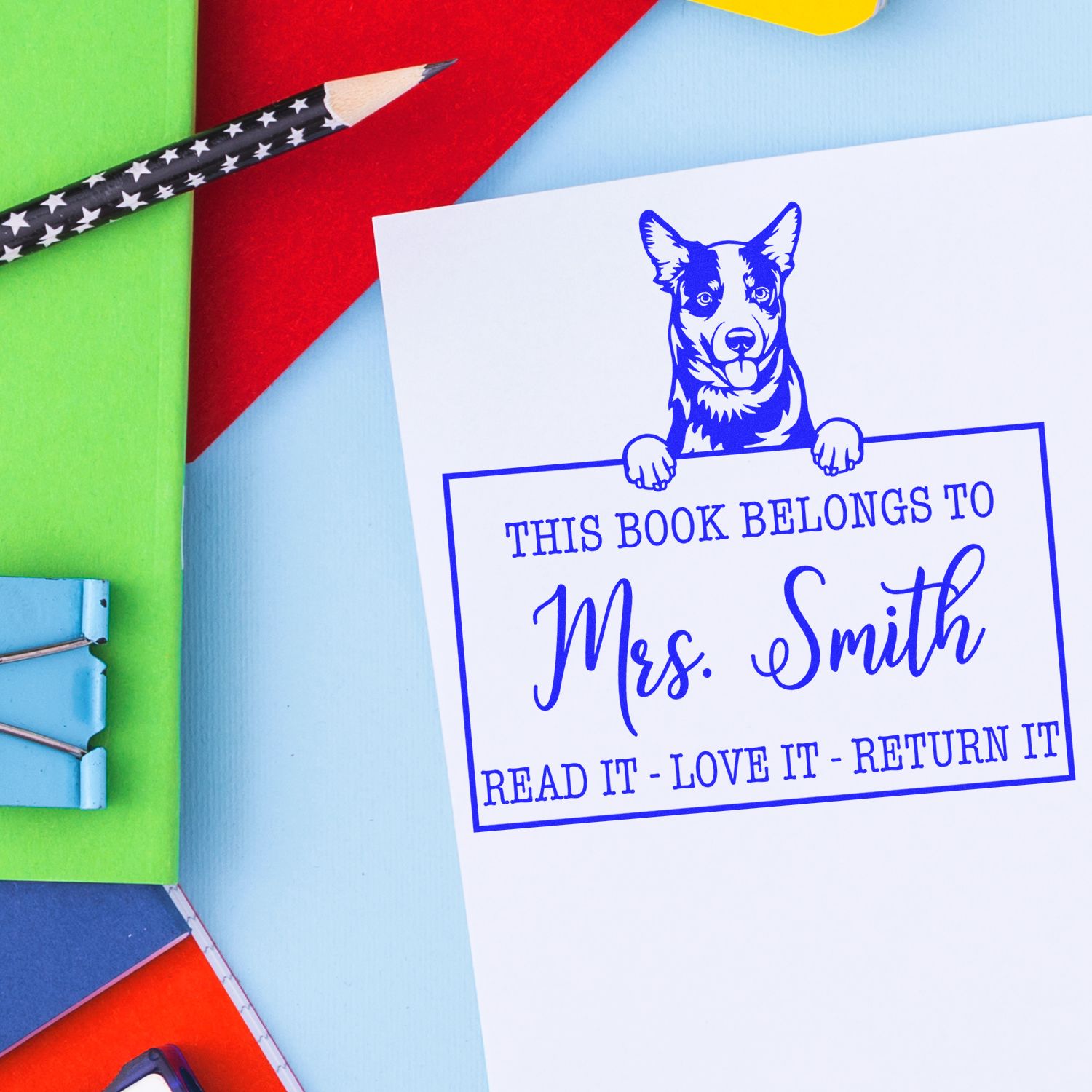 Personalized Teacher's Classroom Tools Stamp with Australian Cattle Dog - Engineer Seal Stamps