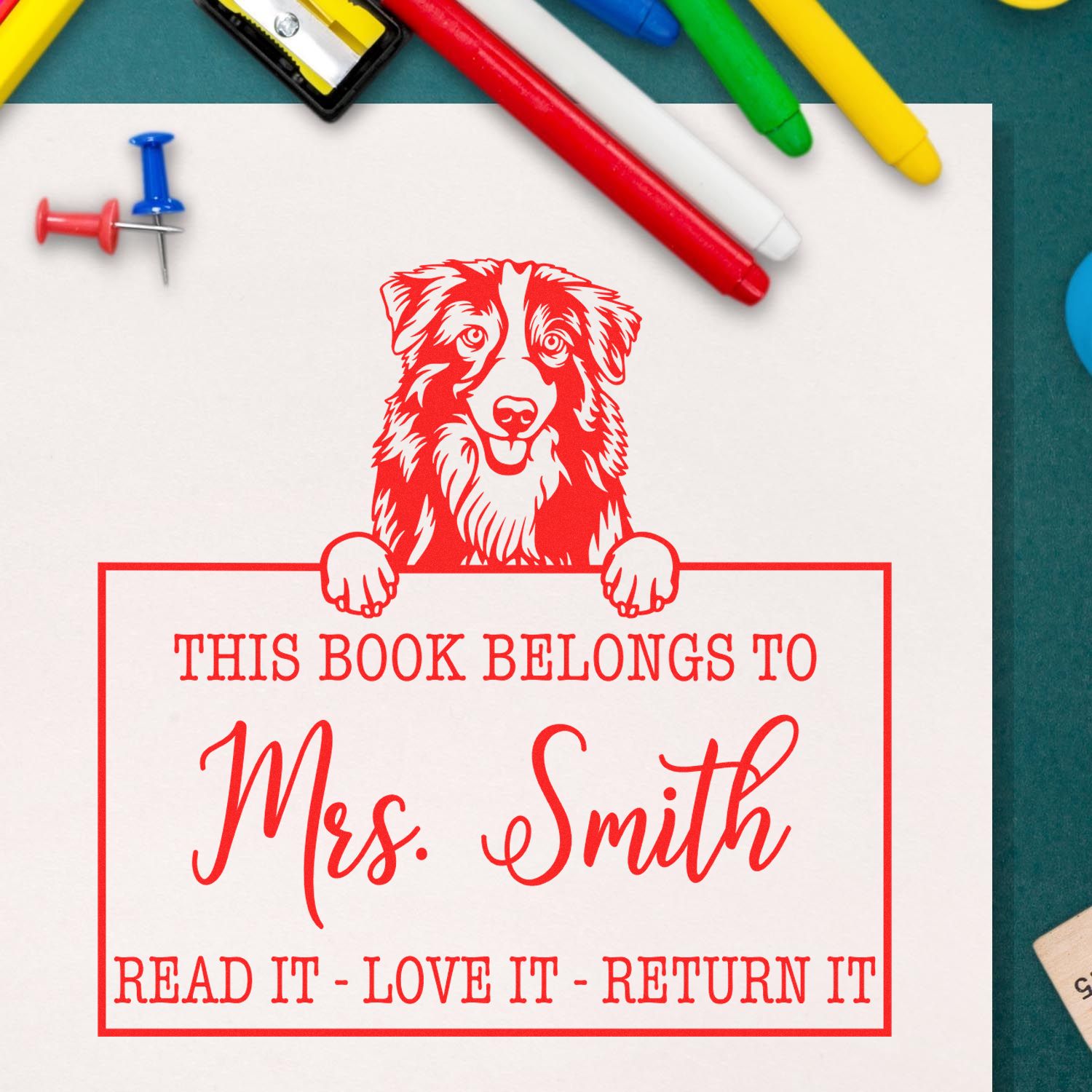 Personalized School Supplies Stamp with Australian Shepherd Dog - Engineer Seal Stamps