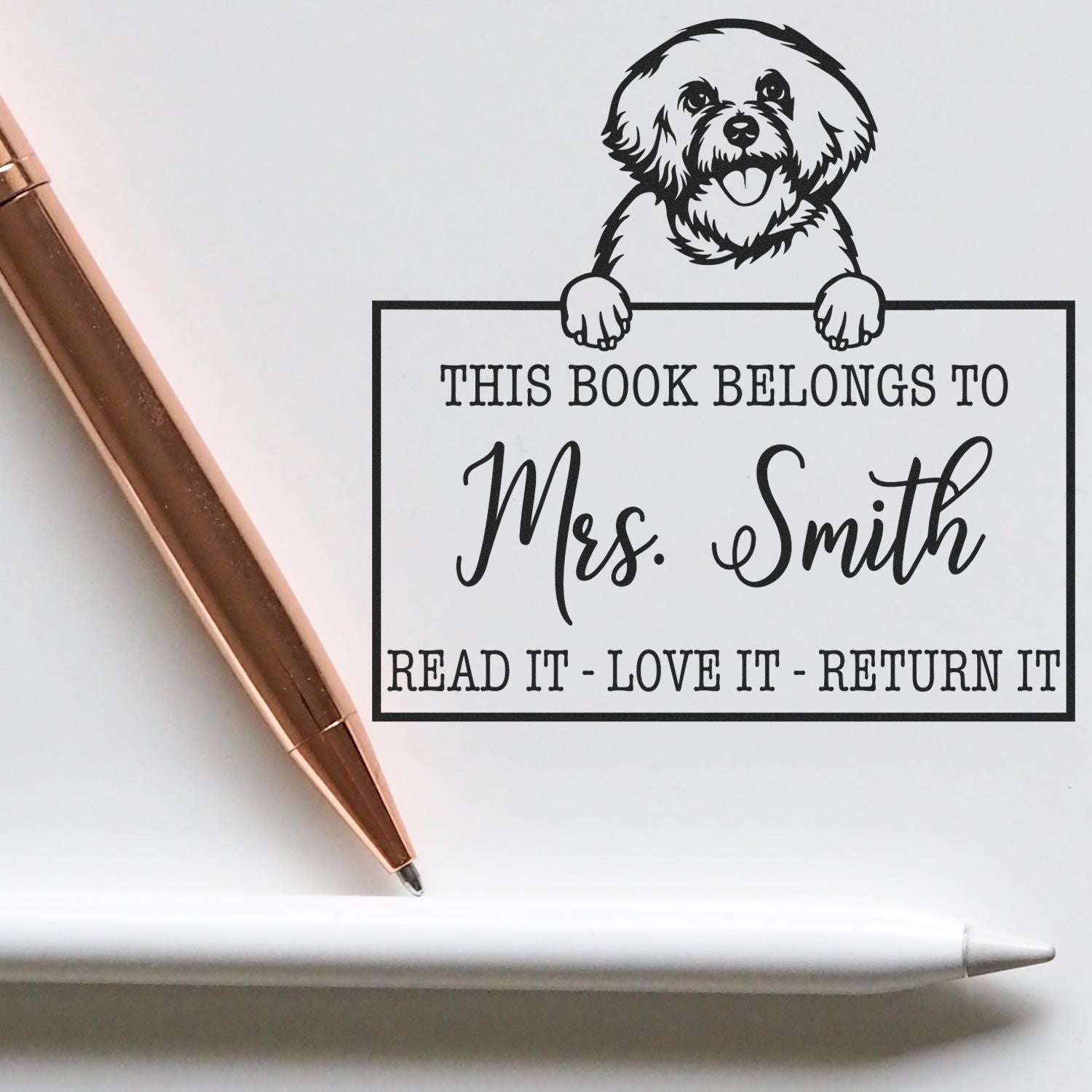 Personalized Book Ownership Tools Stamp with Bichon Frise Dog - Engineer Seal Stamps