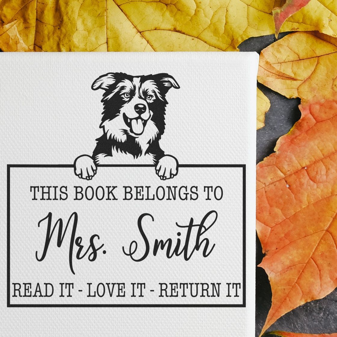 Customized Teacher Library Ownership Stamp with Border Collies - Engineer Seal Stamps