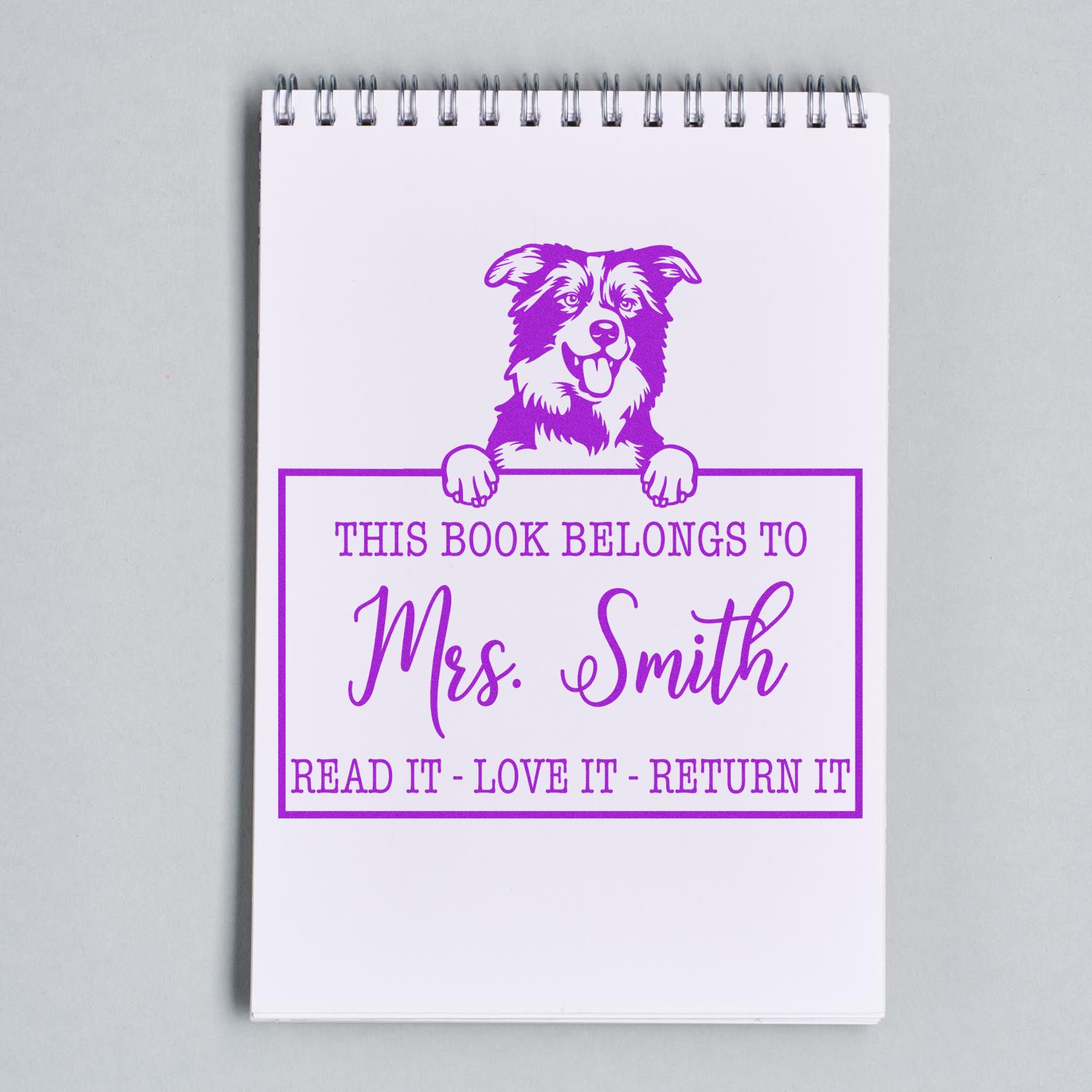 Customized Teacher Library Ownership Stamp with Border Collies - Engineer Seal Stamps