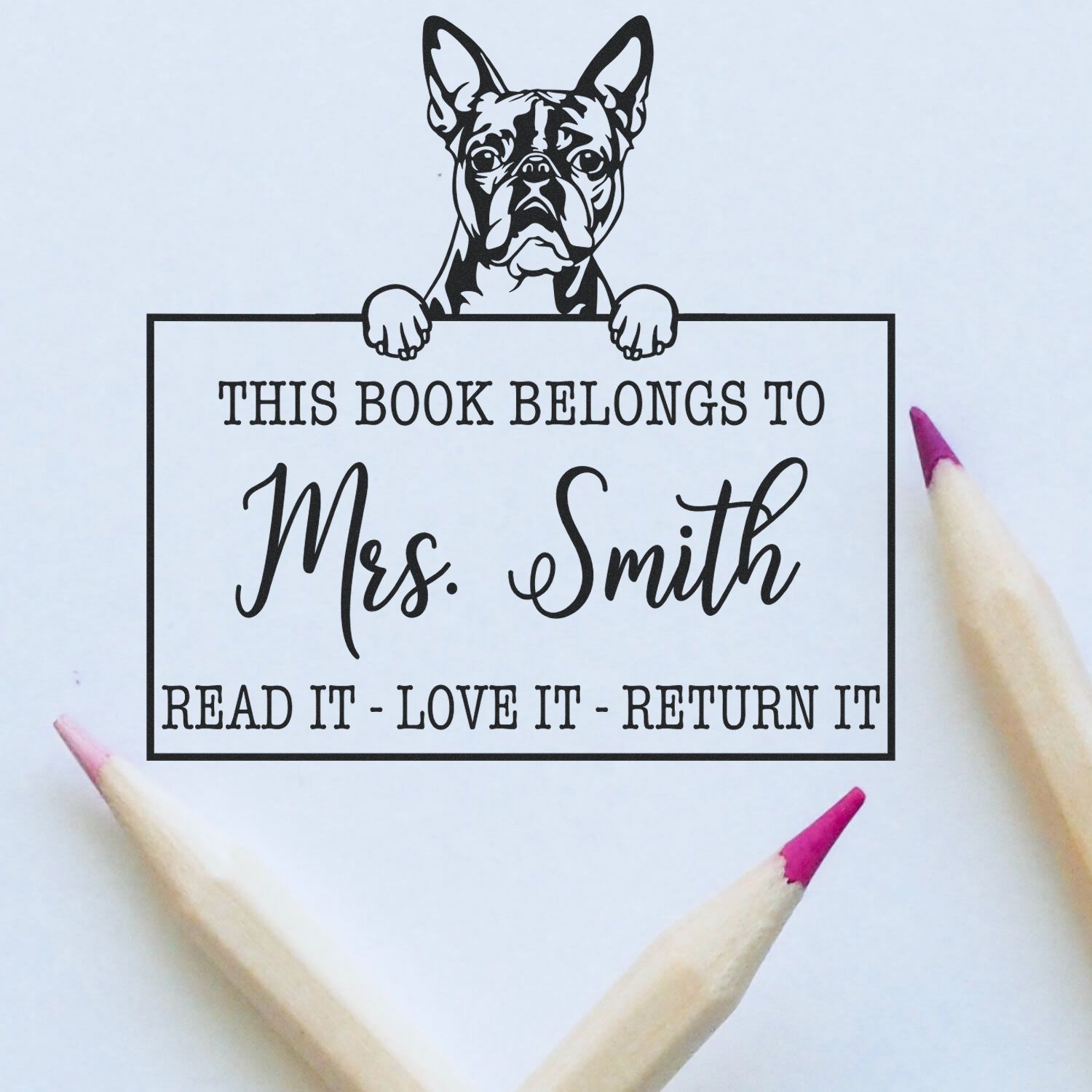 Customized Book Ownership Tool Stamp with Boston Terrier - Engineer Seal Stamps