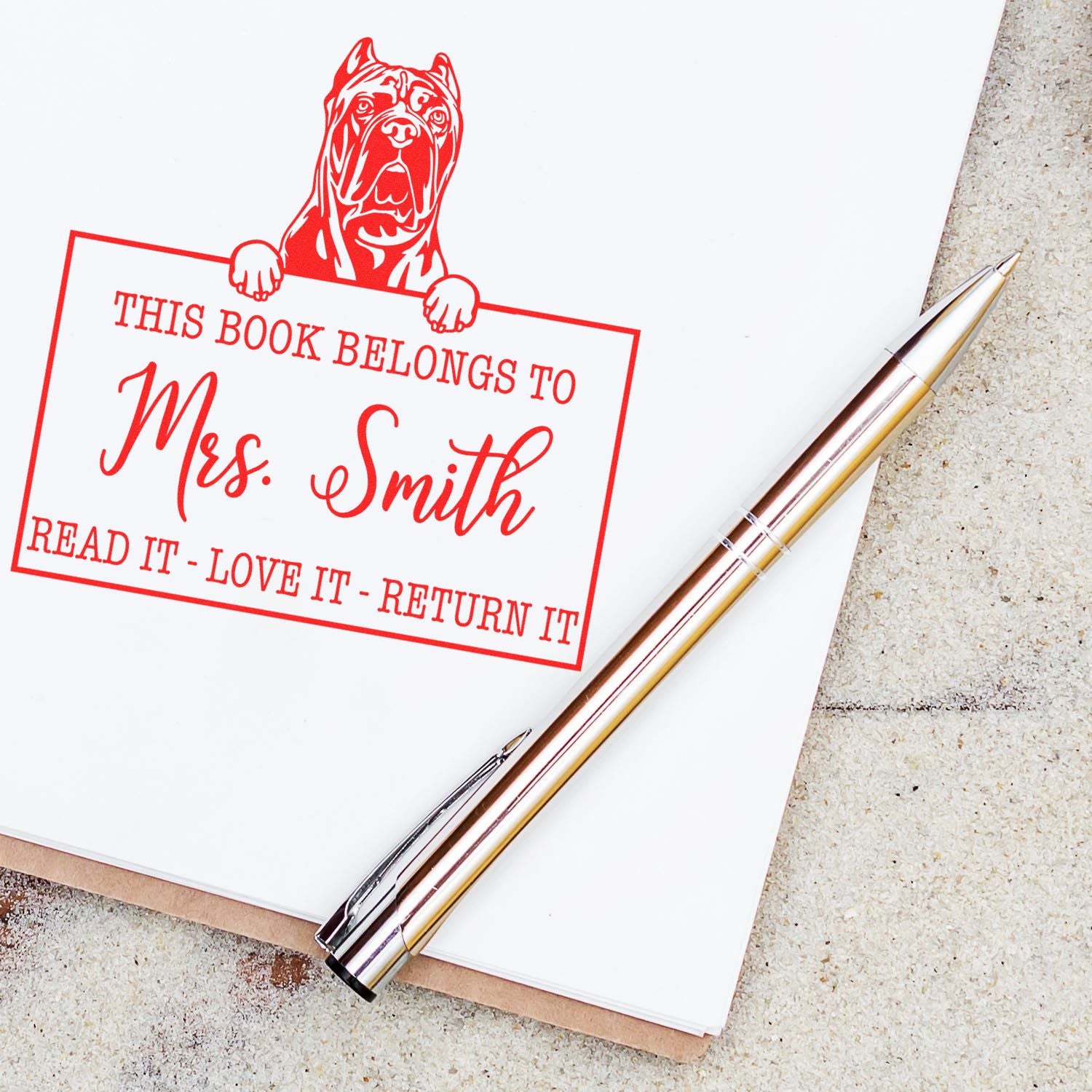 Personalized Classroom Book Owner Stamp with Cane Corso Dog - Engineer Seal Stamps