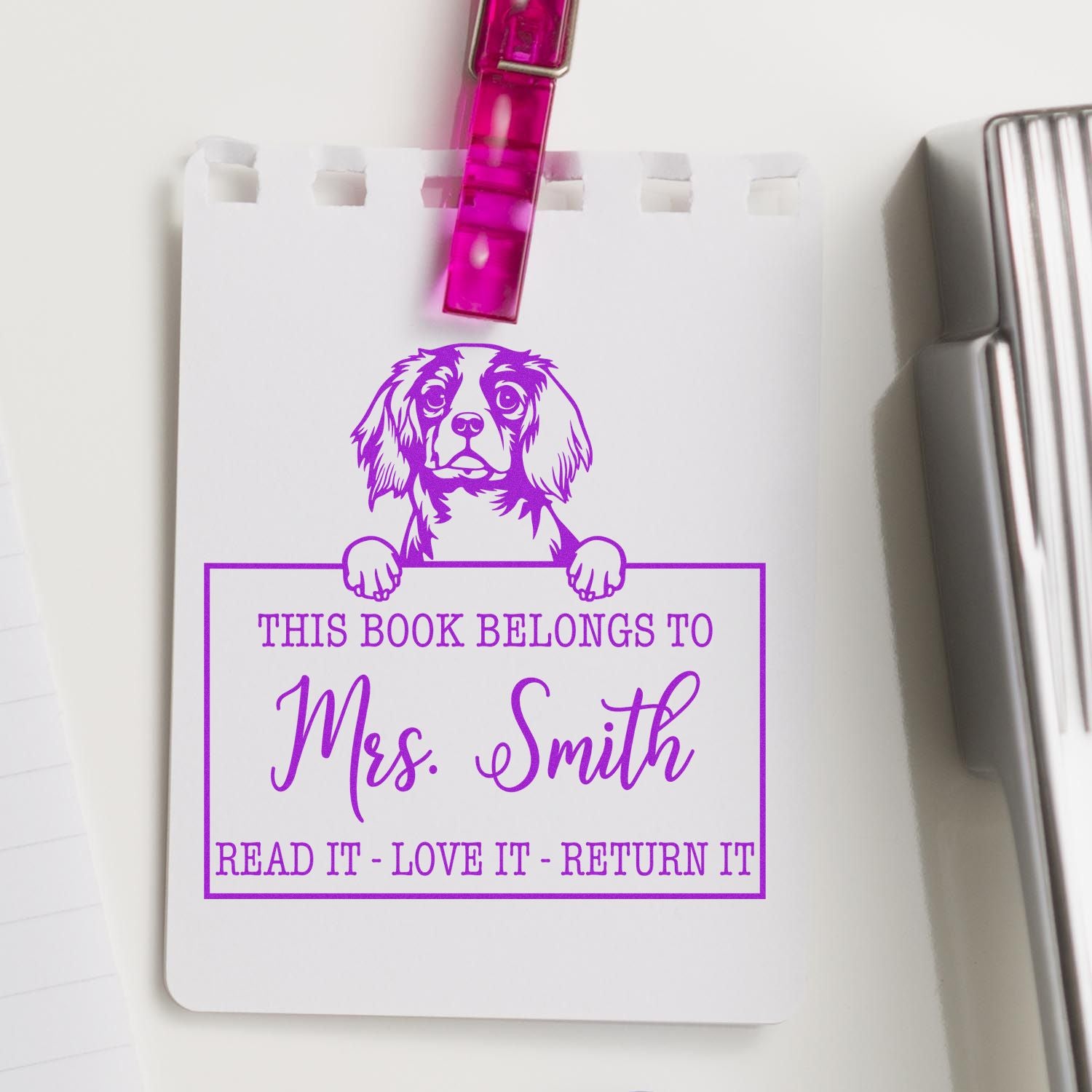 Personalized Book Identity Stamp with Cavalier King Charles Spaniel Dog - Engineer Seal Stamps