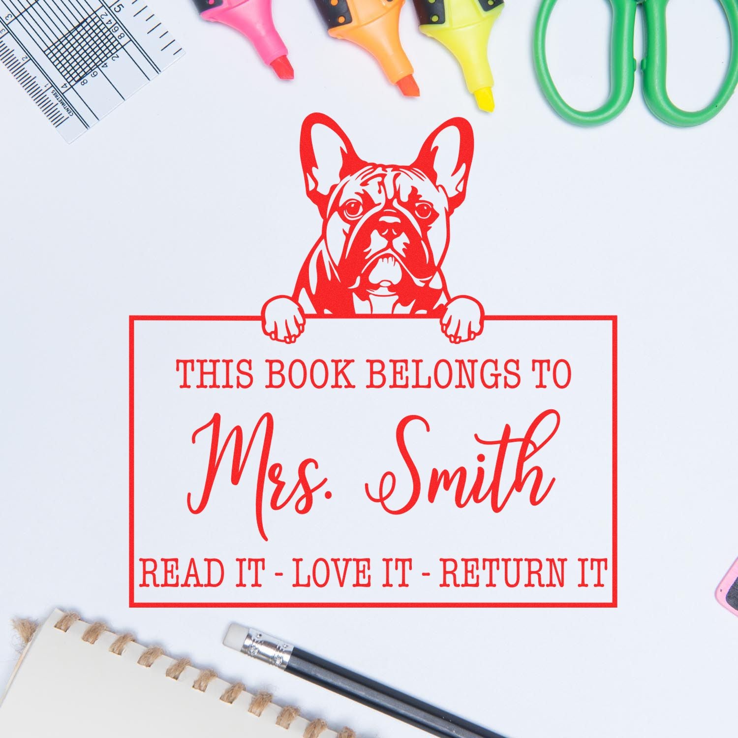 Customized Library Tools For Teachers Stamp with French Bulldog - Engineer Seal Stamps