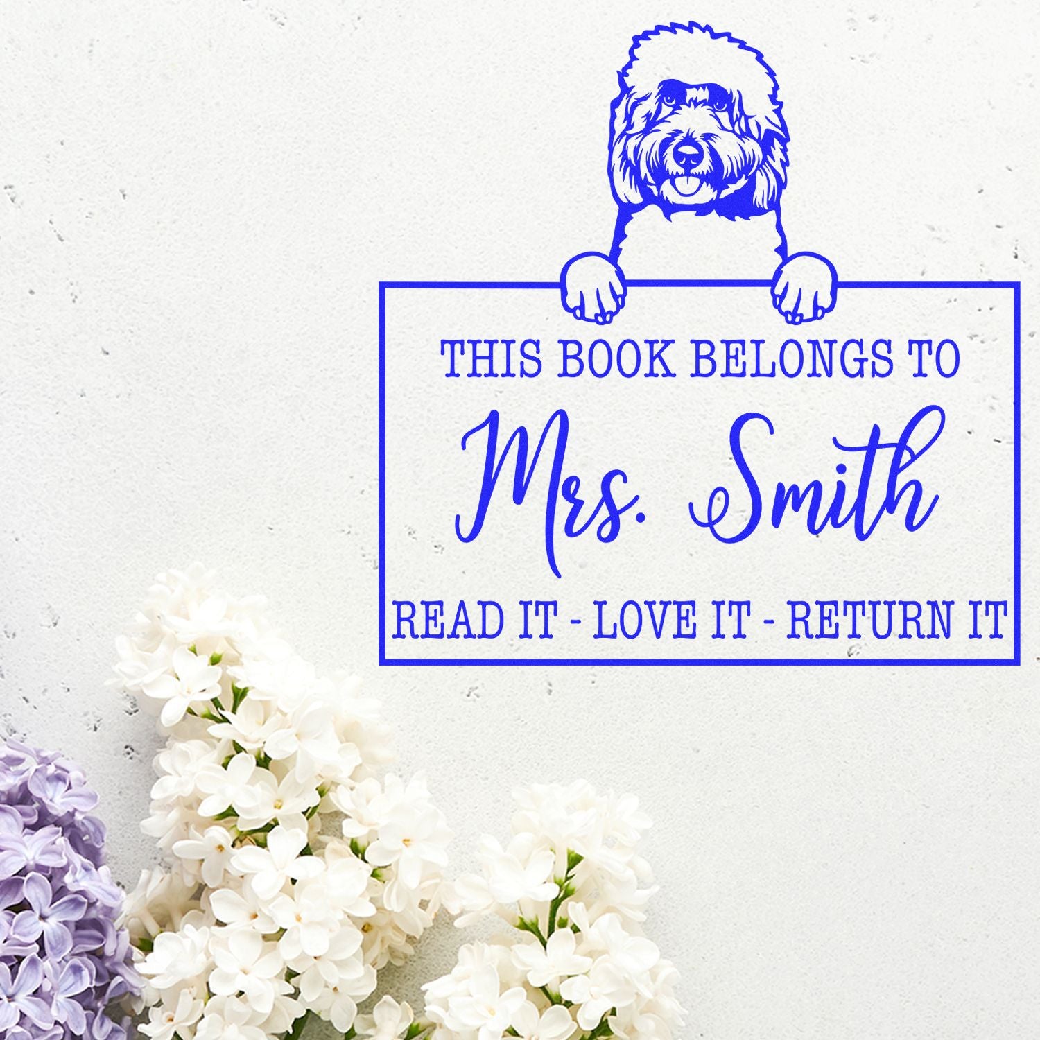 Personalized Teacher Library Personalization Stamp with Goldendoodle Dog - Engineer Seal Stamps