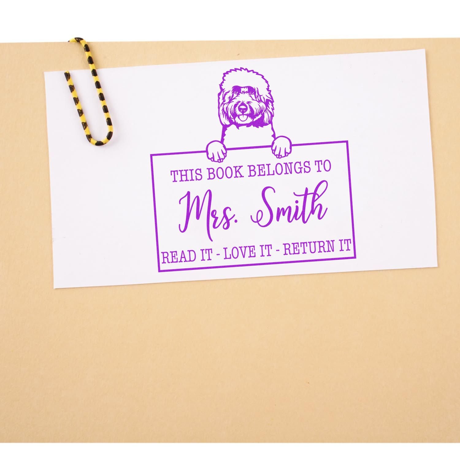 Personalized Teacher Library Personalization Stamp with Goldendoodle Dog - Engineer Seal Stamps