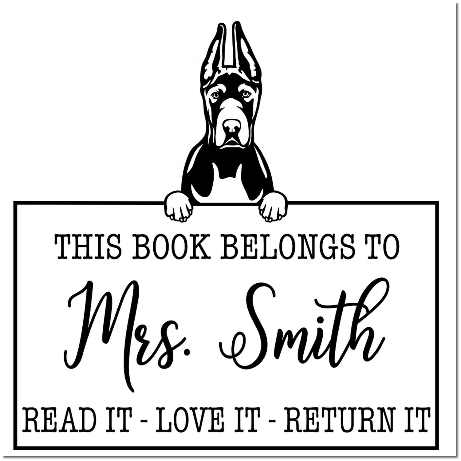Great Dane Cropped Ears Personalizable Pet Book Belongs Stamp - Engineer Seal Stamps