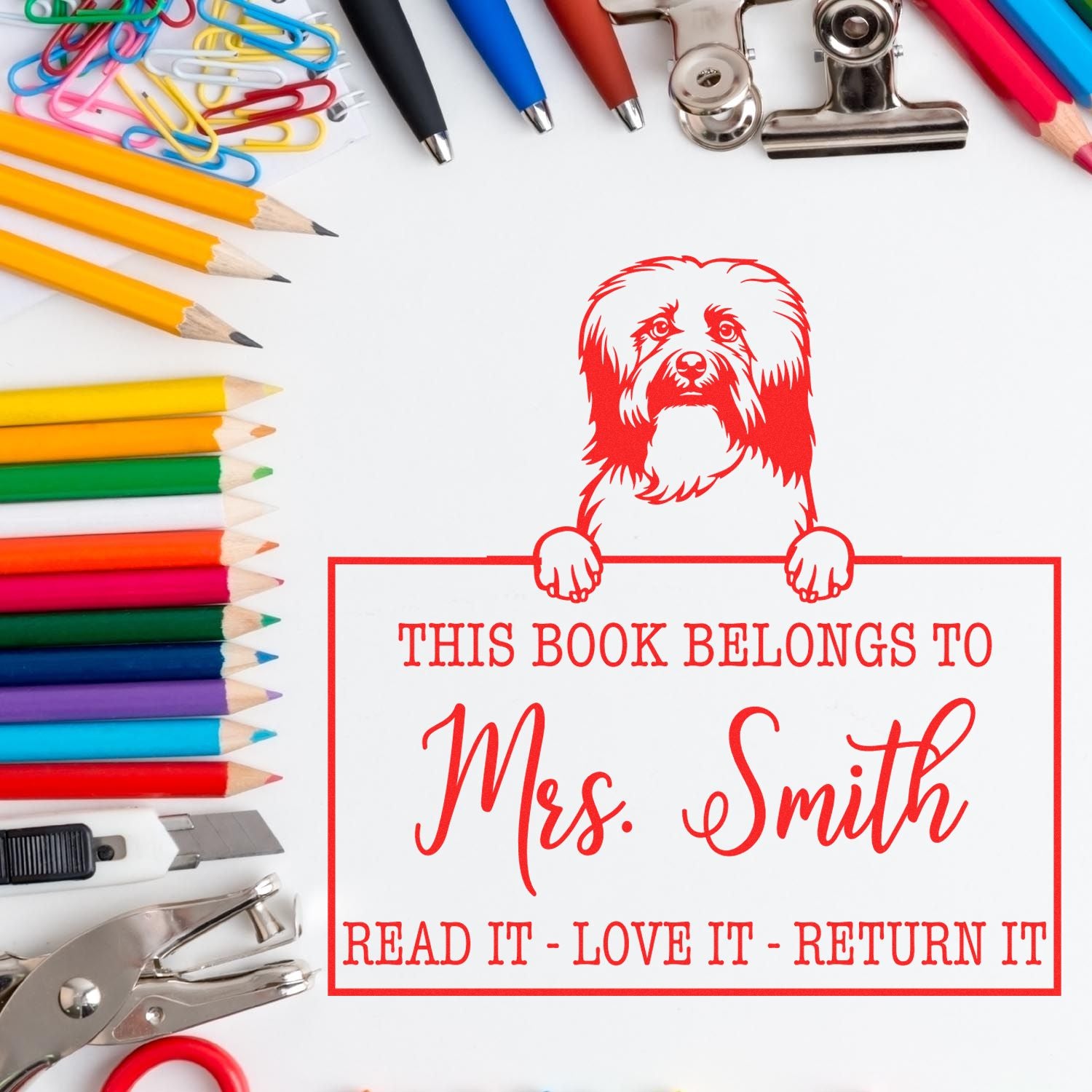 Personalized Teacher Library Tool Stamp with Havanese Dog - Engineer Seal Stamps