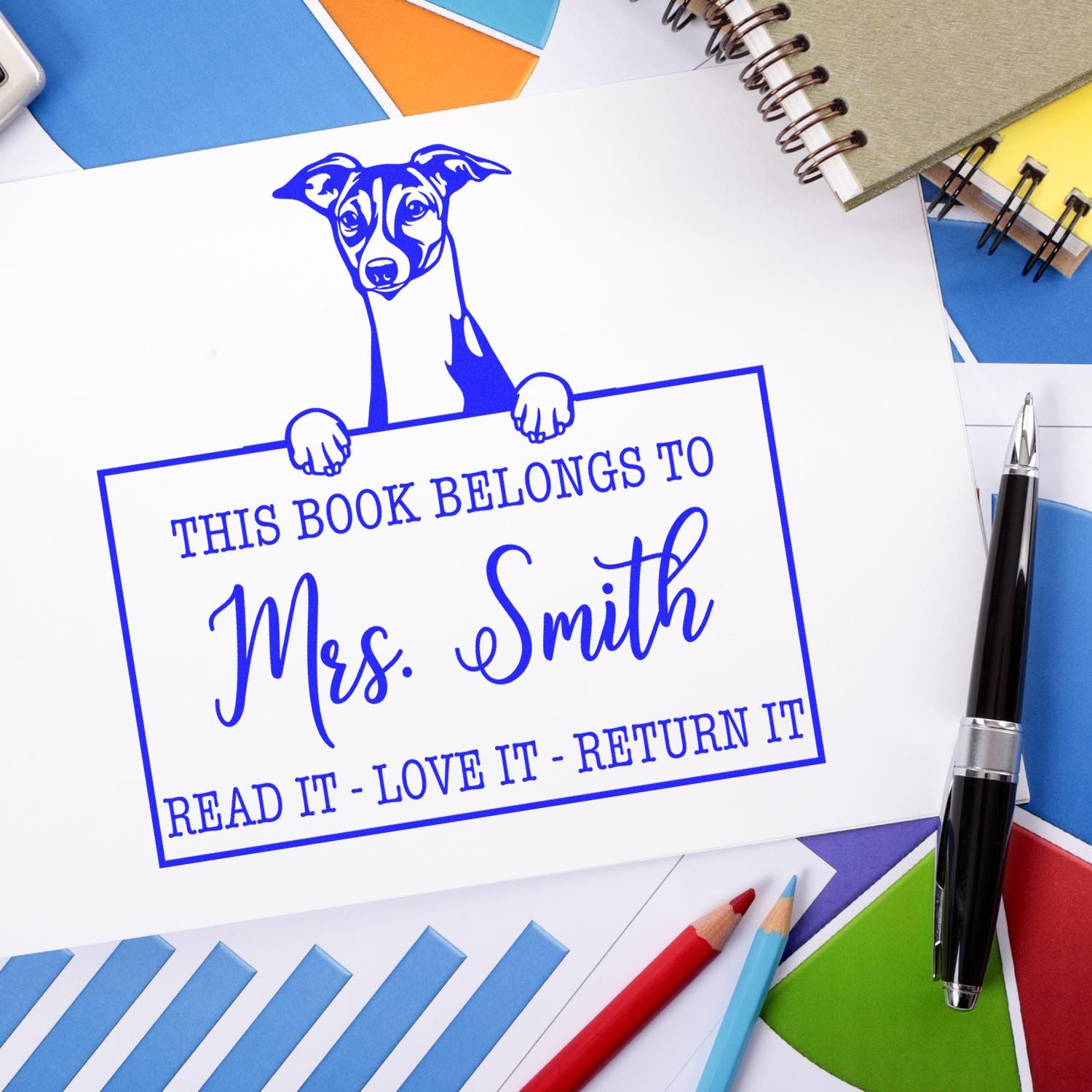 Personalized Borrowed Book Stamp with Italian Greyhound Dog - Engineer Seal Stamps