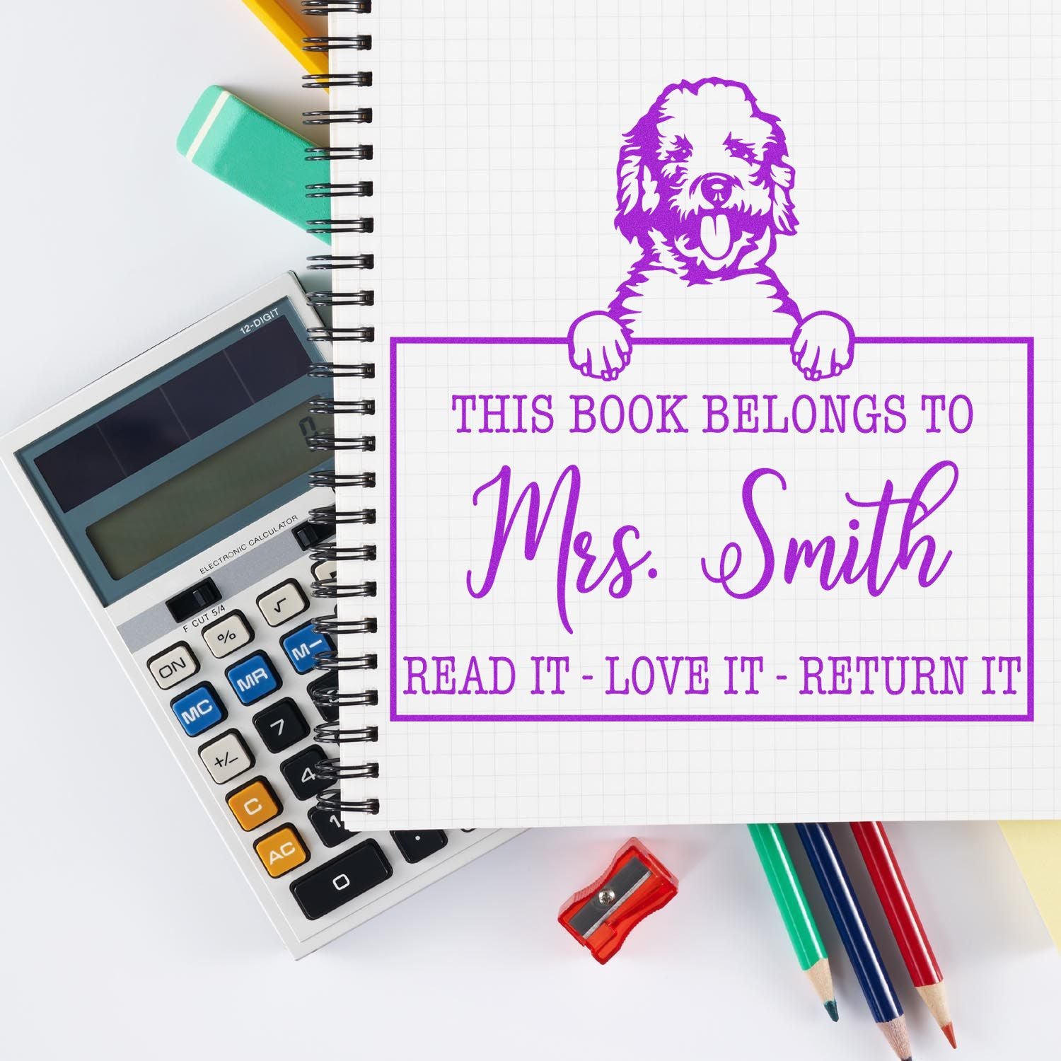 Personalized Classroom Library Stamp with Labradoodle - Engineer Seal Stamps