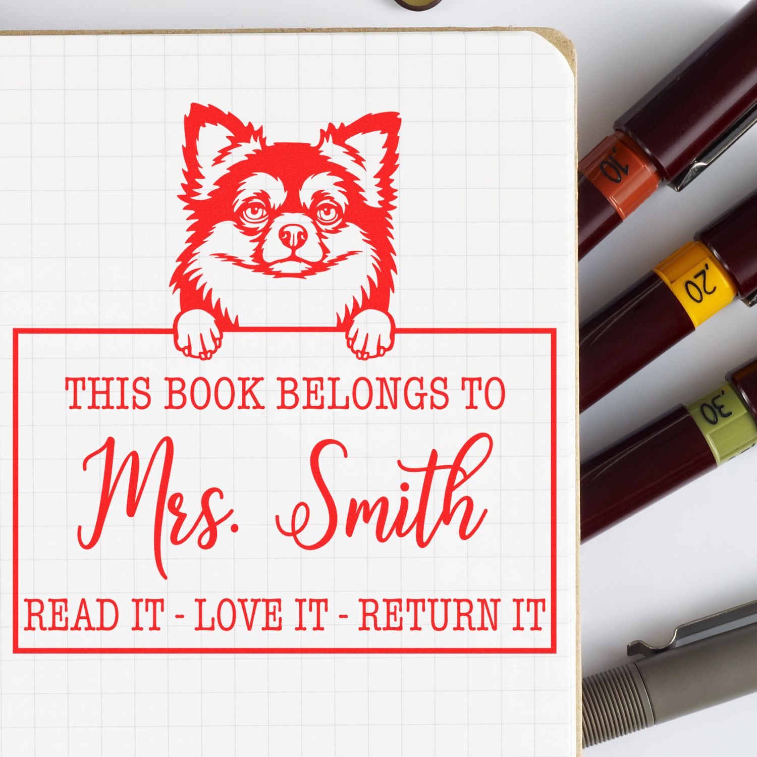 Personalized Library Ownership Stamp with Long Haired Chihuahua Dog - Engineer Seal Stamps