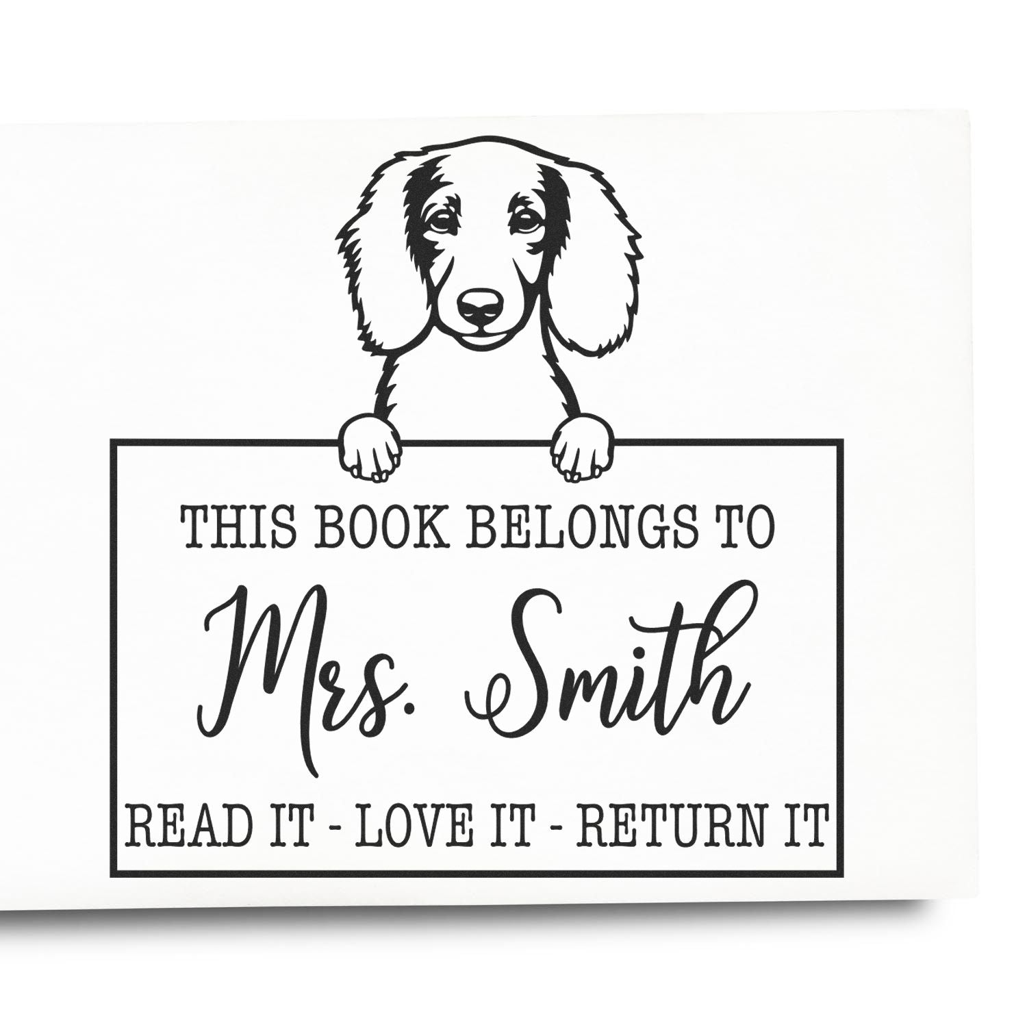Personalized Return My Book Stamp with Longhaired Dachshund Dog - Engineer Seal Stamps