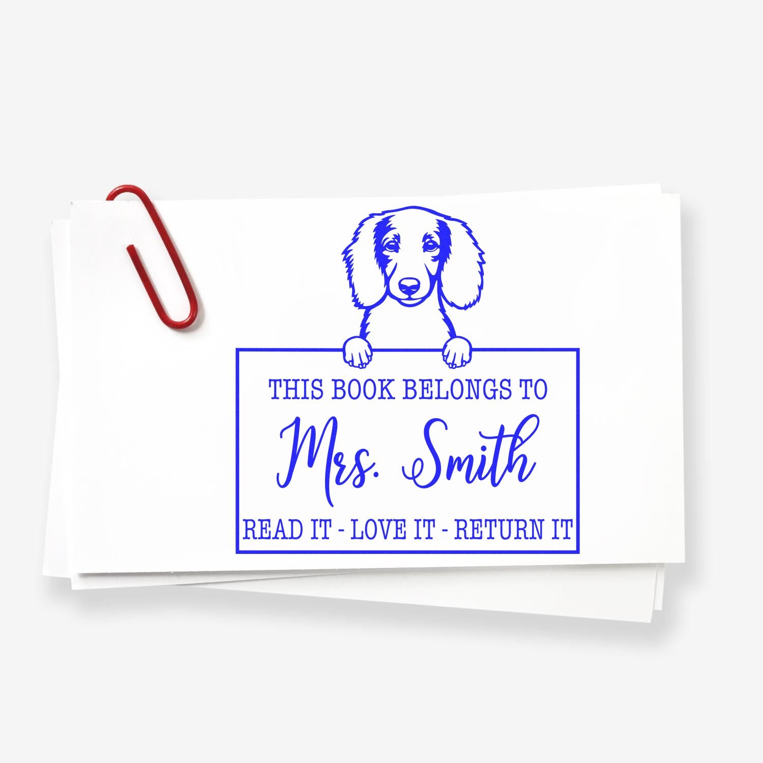 Personalized Return My Book Stamp with Longhaired Dachshund Dog - Engineer Seal Stamps