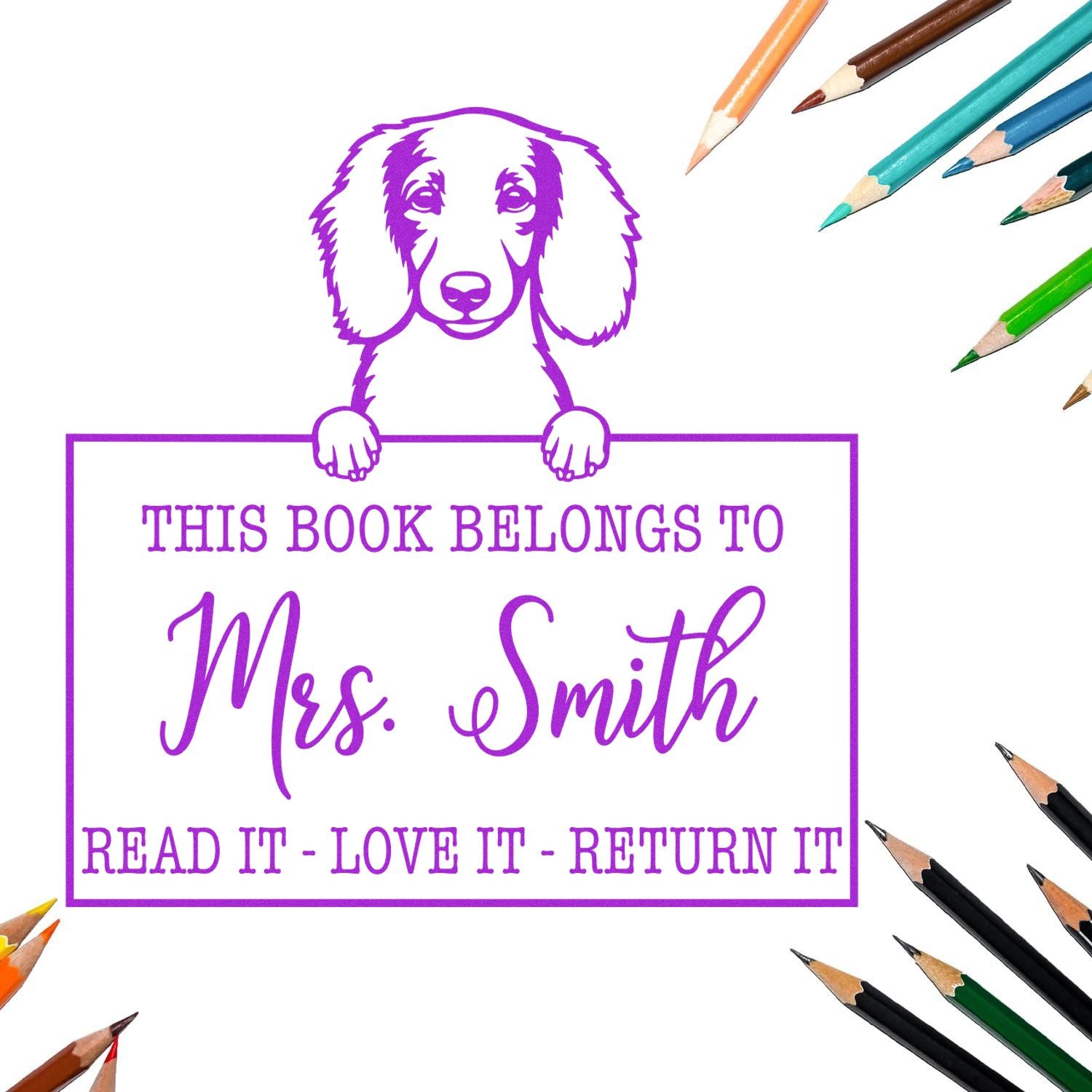 Personalized Return My Book Stamp with Longhaired Dachshund Dog - Engineer Seal Stamps