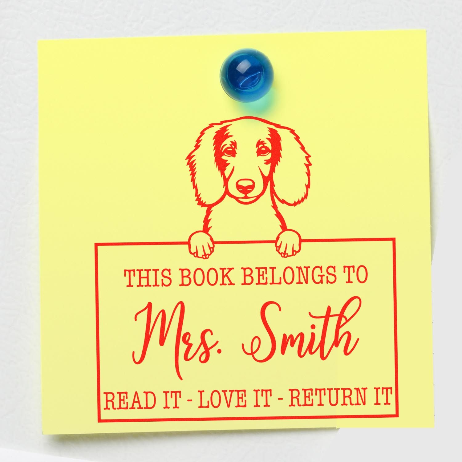 Personalized Return My Book Stamp with Longhaired Dachshund Dog - Engineer Seal Stamps