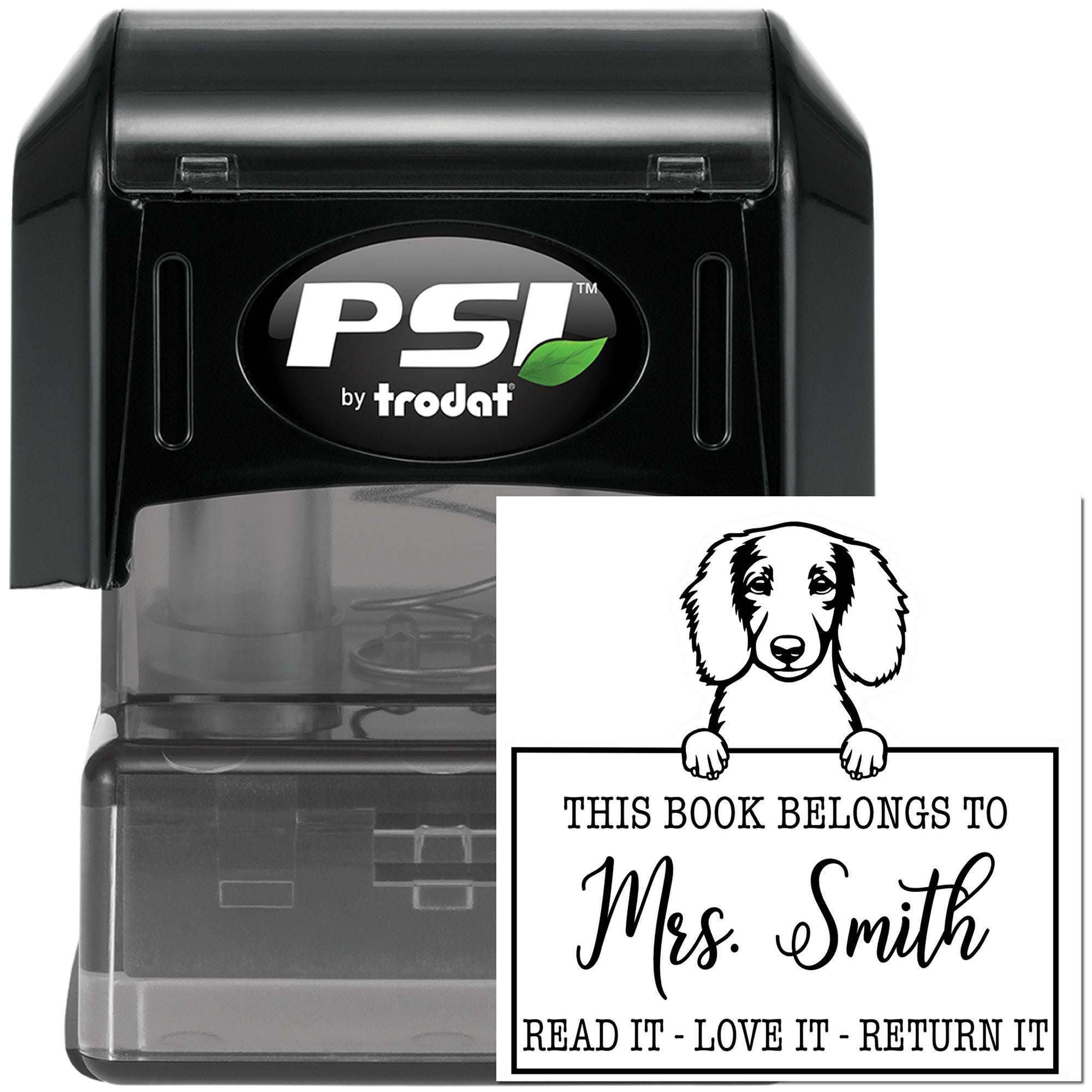 Personalized Library Book Stamp with Longhaired Dachshund - Engineer Seal Stamps
