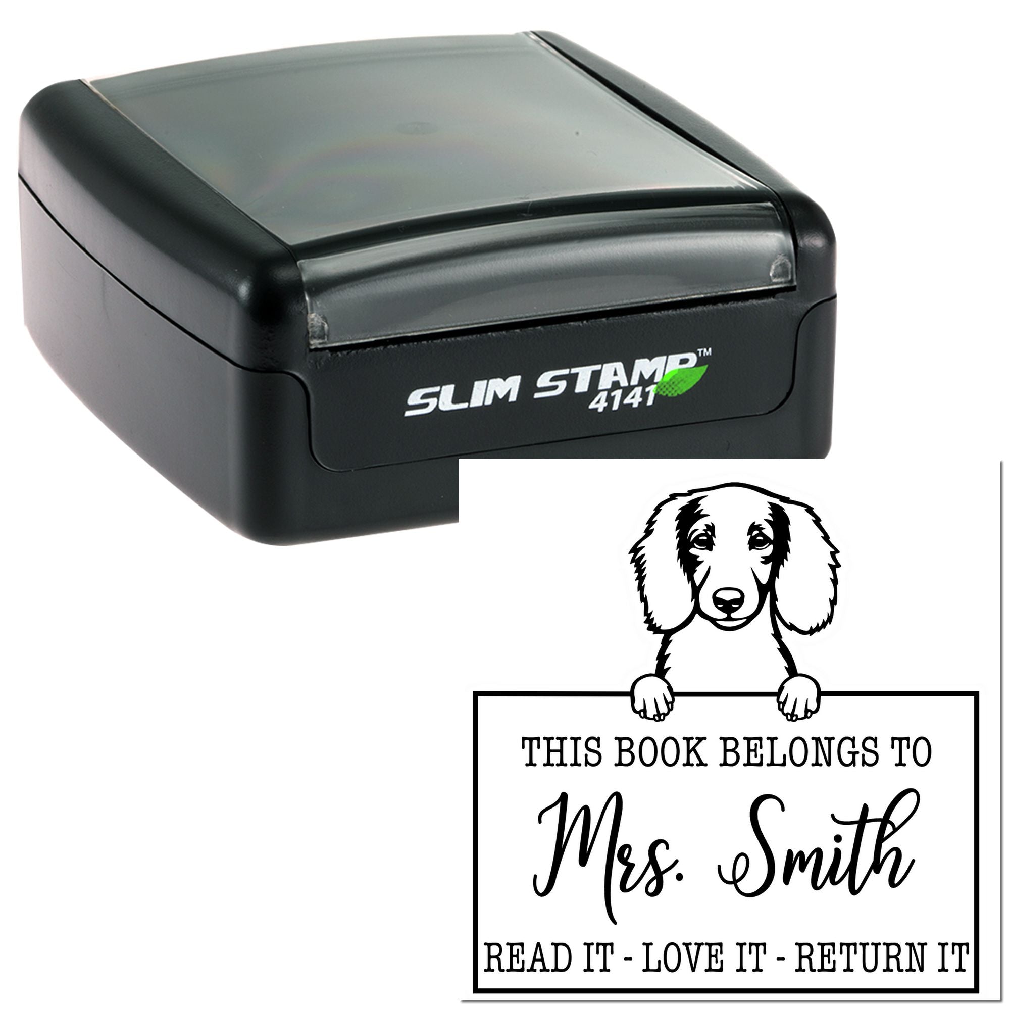 Personalized Return My Book Stamp with Longhaired Dachshund Dog - Engineer Seal Stamps