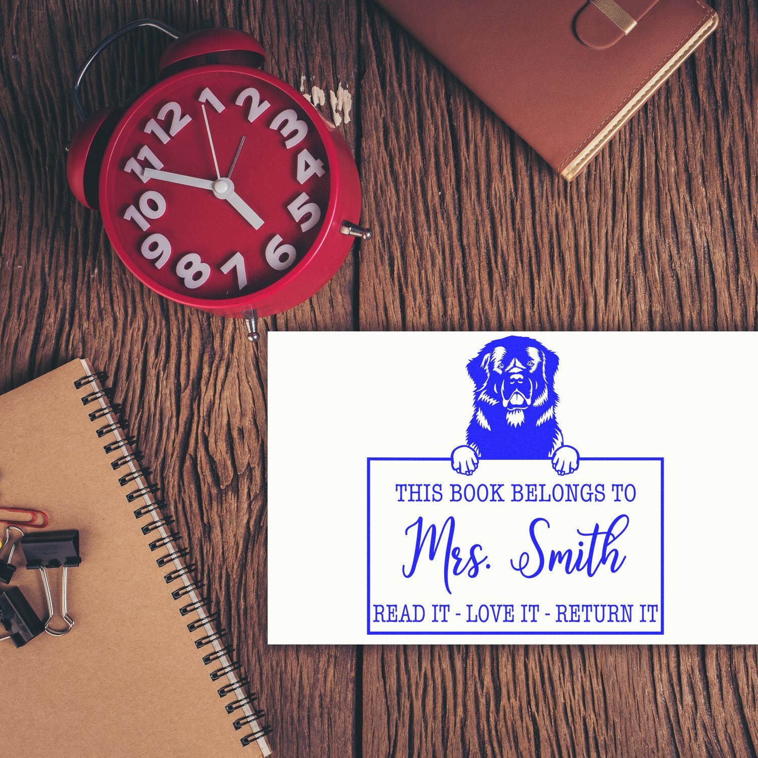 Personalized Book Borrower Stamp with Newfoundland Dog - Engineer Seal Stamps