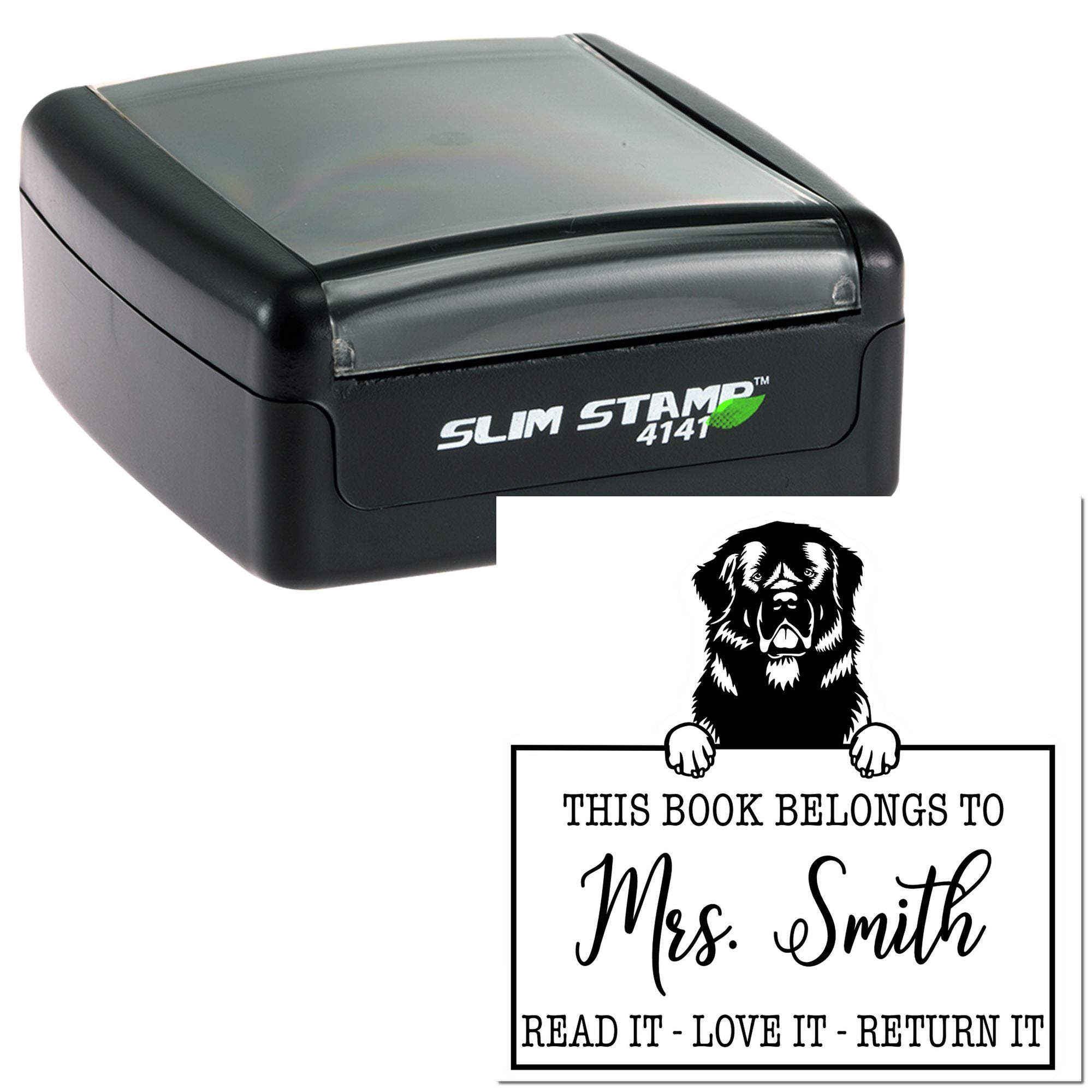 Personalized Book Borrower Stamp with Newfoundland Dog - Engineer Seal Stamps