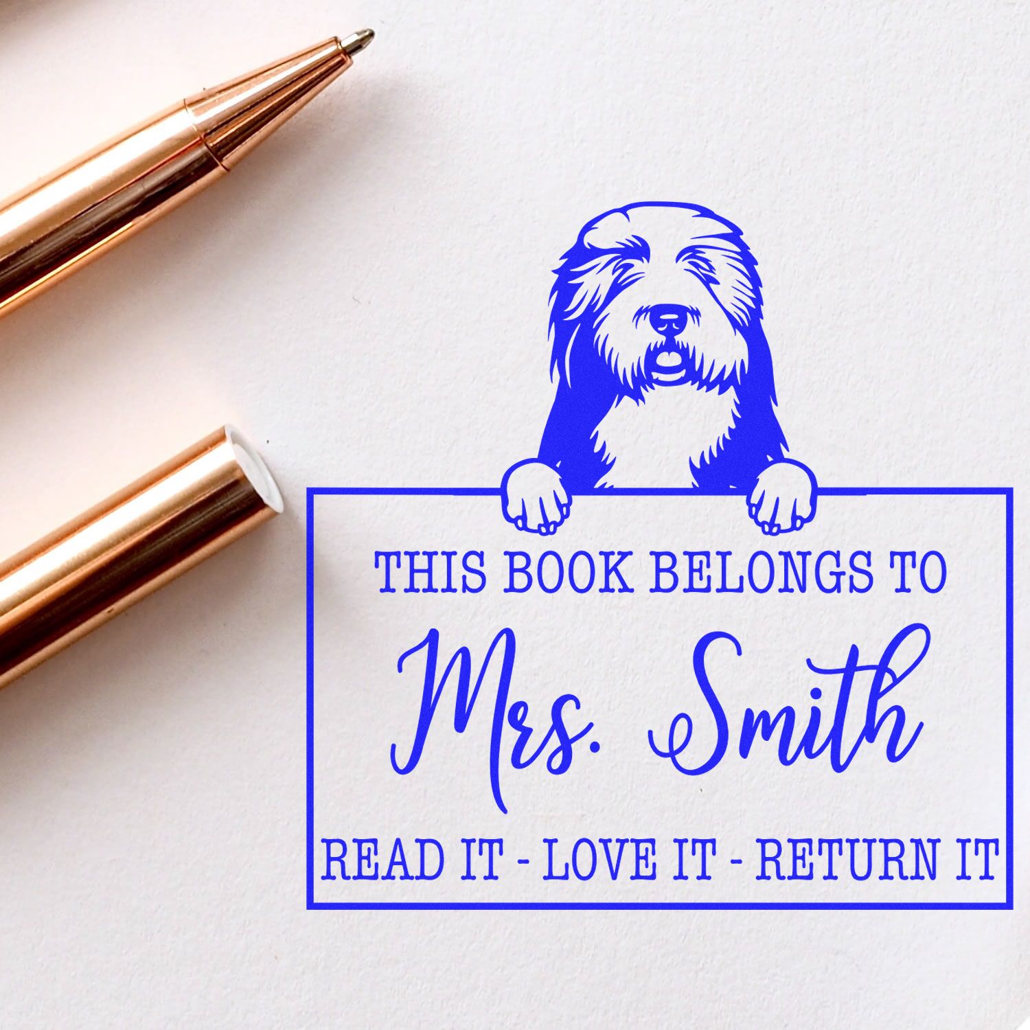 Personalized Book Return Stamp with Old English Sheepdogs - Engineer Seal Stamps