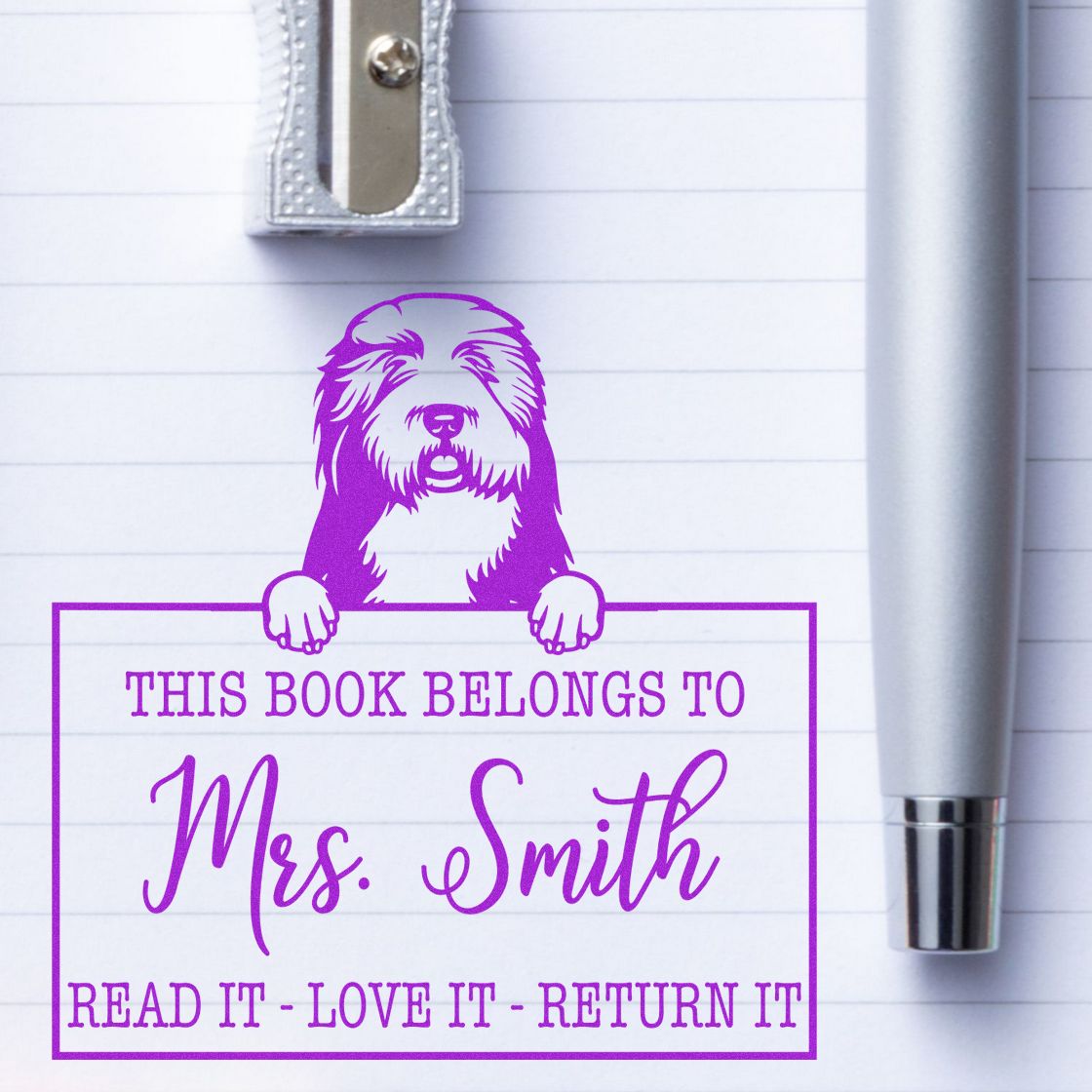 Personalized Book Return Stamp with Old English Sheepdogs - Engineer Seal Stamps