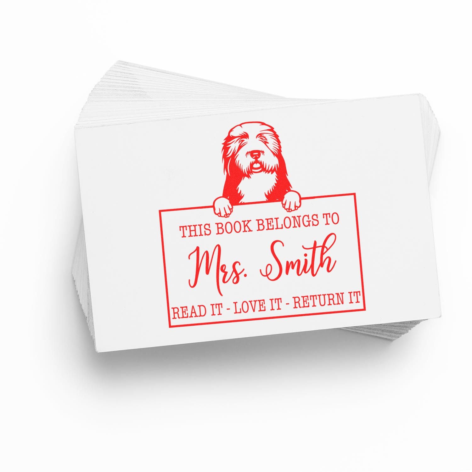 Personalized Please Return Borrowed Book Stamp with Old English Sheepdogs Dog - Engineer Seal Stamps