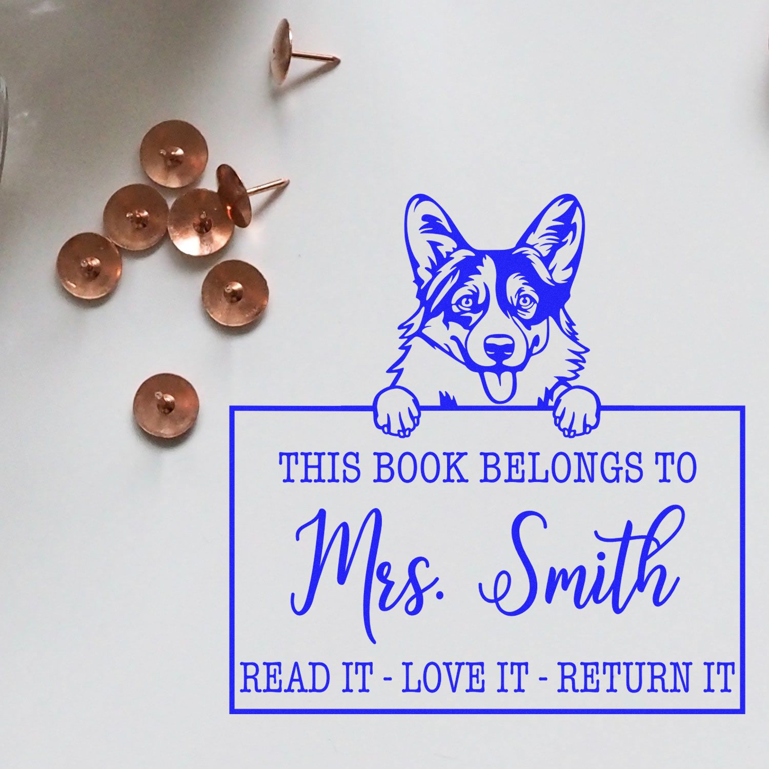 Personalized Classroom Book Stamp with Pembroke Welsh Corgis - Engineer Seal Stamps