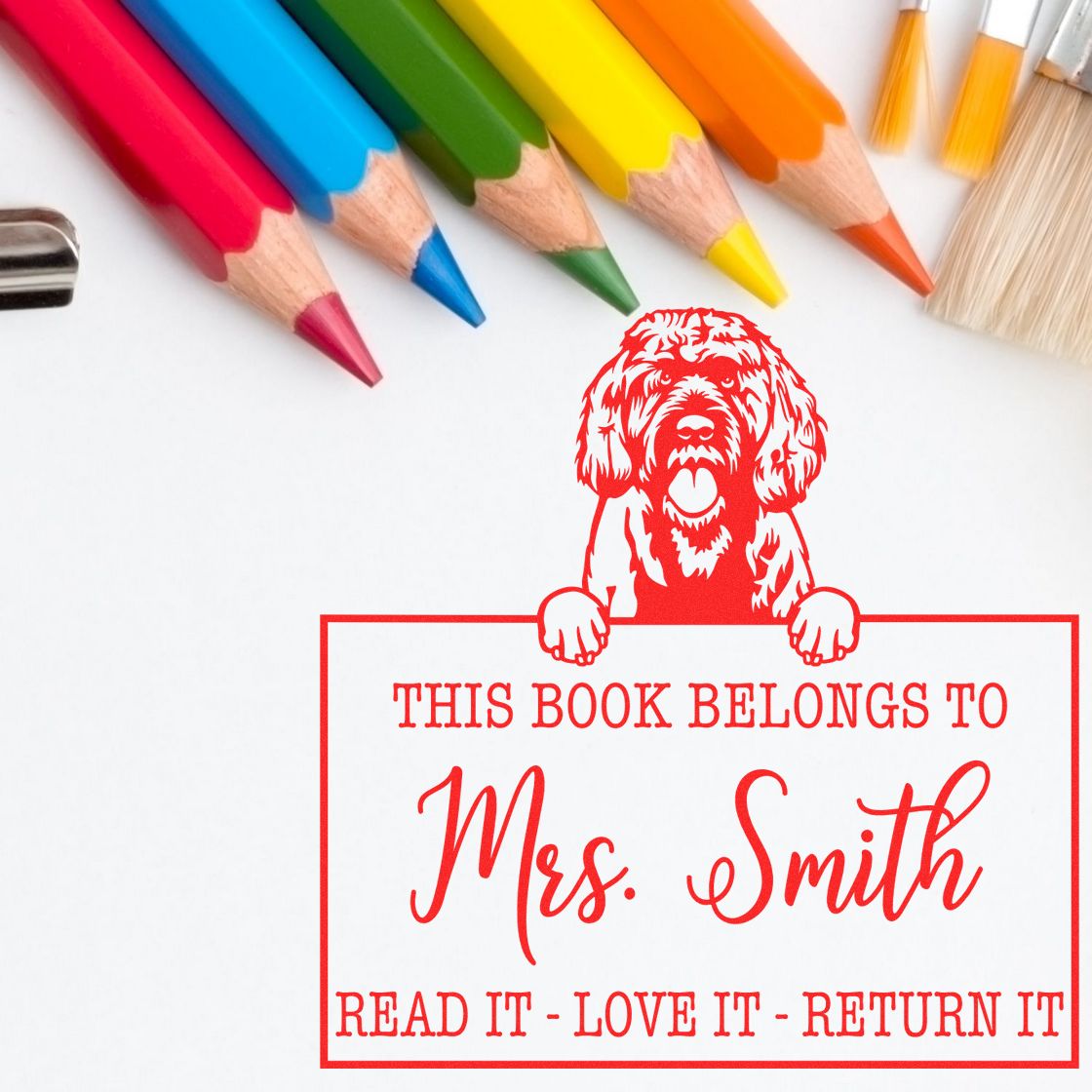 Customizable Teacher's Classroom Stamp with Portuguese Water Dog - Engineer Seal Stamps